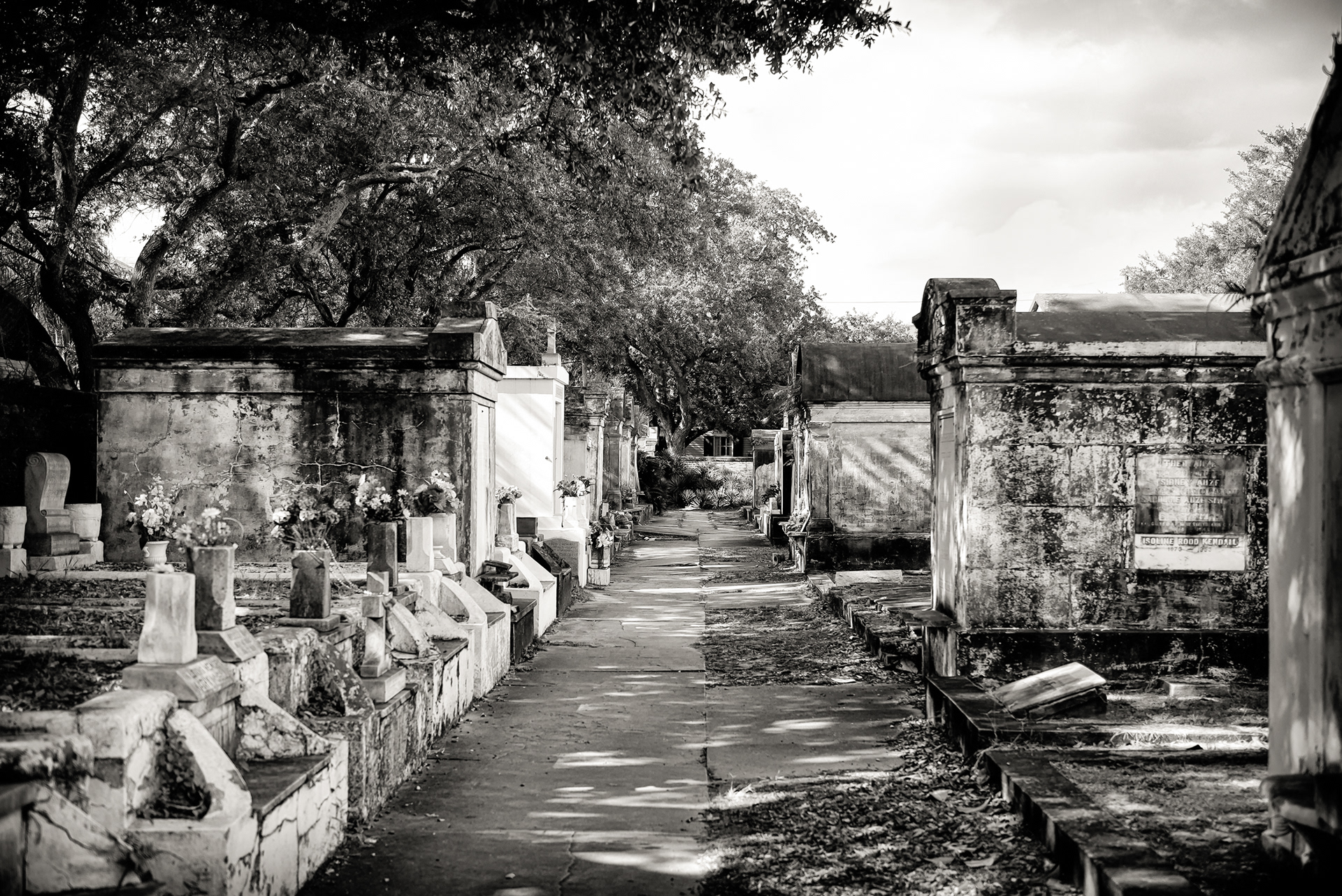This is Lafayette Cemetery No. 1, dedicated in 1833 for the town of Lafayette, which got swallowed into New Orleans proper in 1852 and took its cemetery along as a dowry. The tombs are all above ground because the water table here doesn't leave much choice — bury a coffin and it has a way of floating back up, so the city borrowed a French and Spanish habit of building house-sized ovens for the dead instead. The tradition inside them is stranger than the architecture: a body sits for a year and a day, and then it's pushed to the back to make room, ashes and bones settling into a communal vault at the bottom so the same tomb can serve a family for a couple hundred years without ever running out of room. It works out to a kind of efficient afterlife, everyone taking turns.