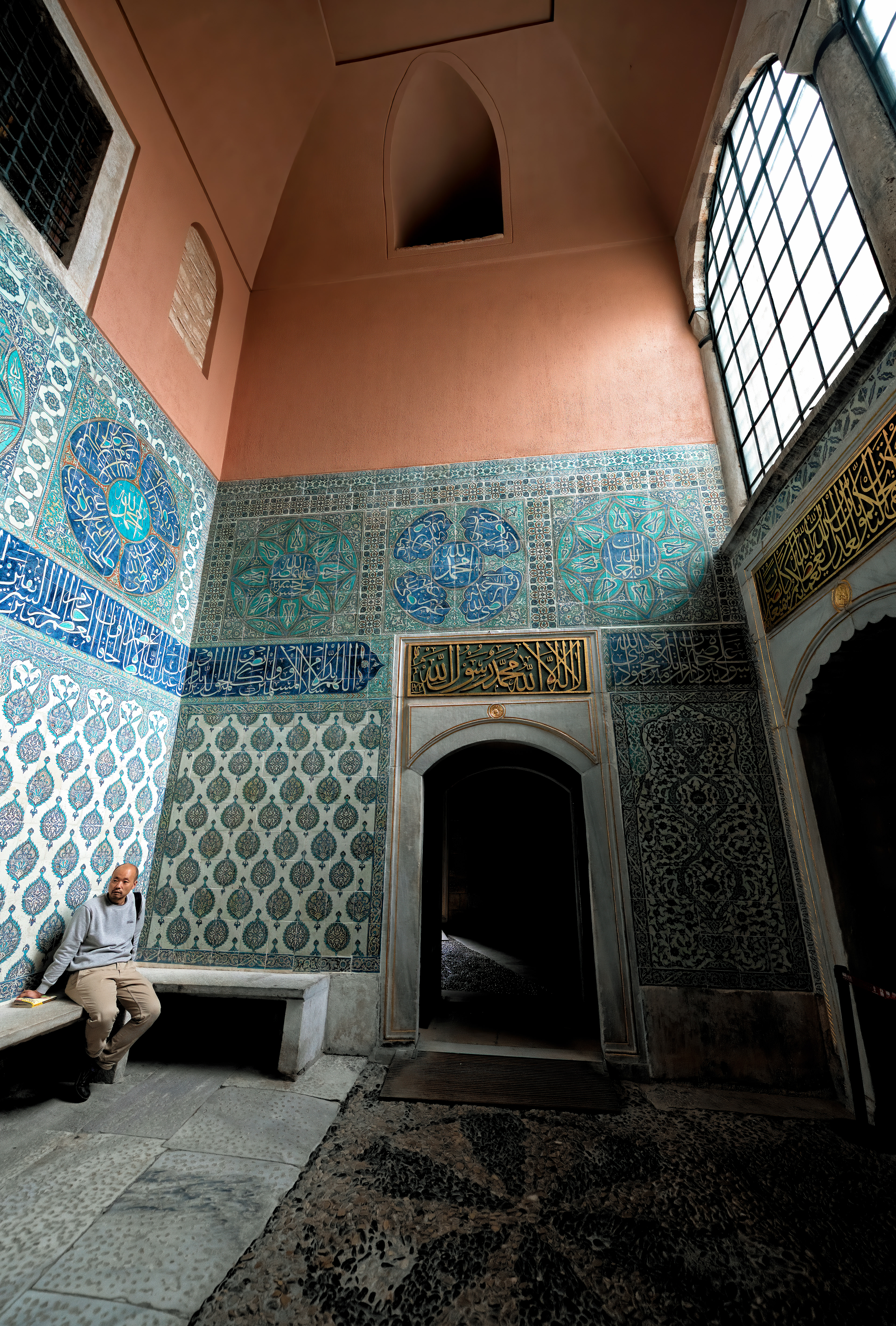 Topkapi Palace, the Circumcision Room. Built under Suleiman the Magnificent, given its current form under Sultan Ibrahim in the 1640s, and tiled with a mix of 16th- and 17th-century İznik work — a full century of production layered onto one small chamber. Some of the tiles carry chi-lin figures, a mythical Chinese chimera, rendered in the Ottoman "saz" style — a small, permanent record of exactly how far Ottoman decorative taste had reached to find its influences.