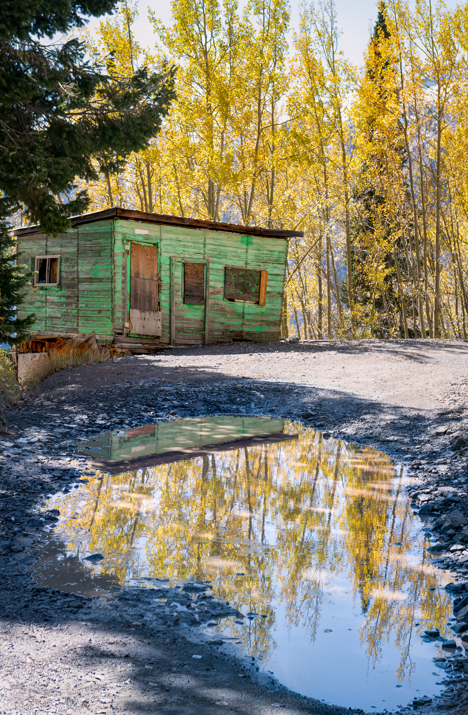 Green cabin, its reflection sitting in a puddle on the road in front of it. This is Imogene Pass Road, connecting Ouray and Telluride over a summit at 13,114 feet — one of the highest drivable passes in Colorado, rough enough that most rental-car insurance policies exclude it by name. The road follows an old mining route built to service the Tomboy Mine on the Telluride side and the Camp Bird Mine on the Ouray side, and cabins like this one are what's left of that traffic: built fast, built to survive brutal winters at treeline, then mostly abandoned once the ore ran out and the road reverted to something only my 4Runner could handle