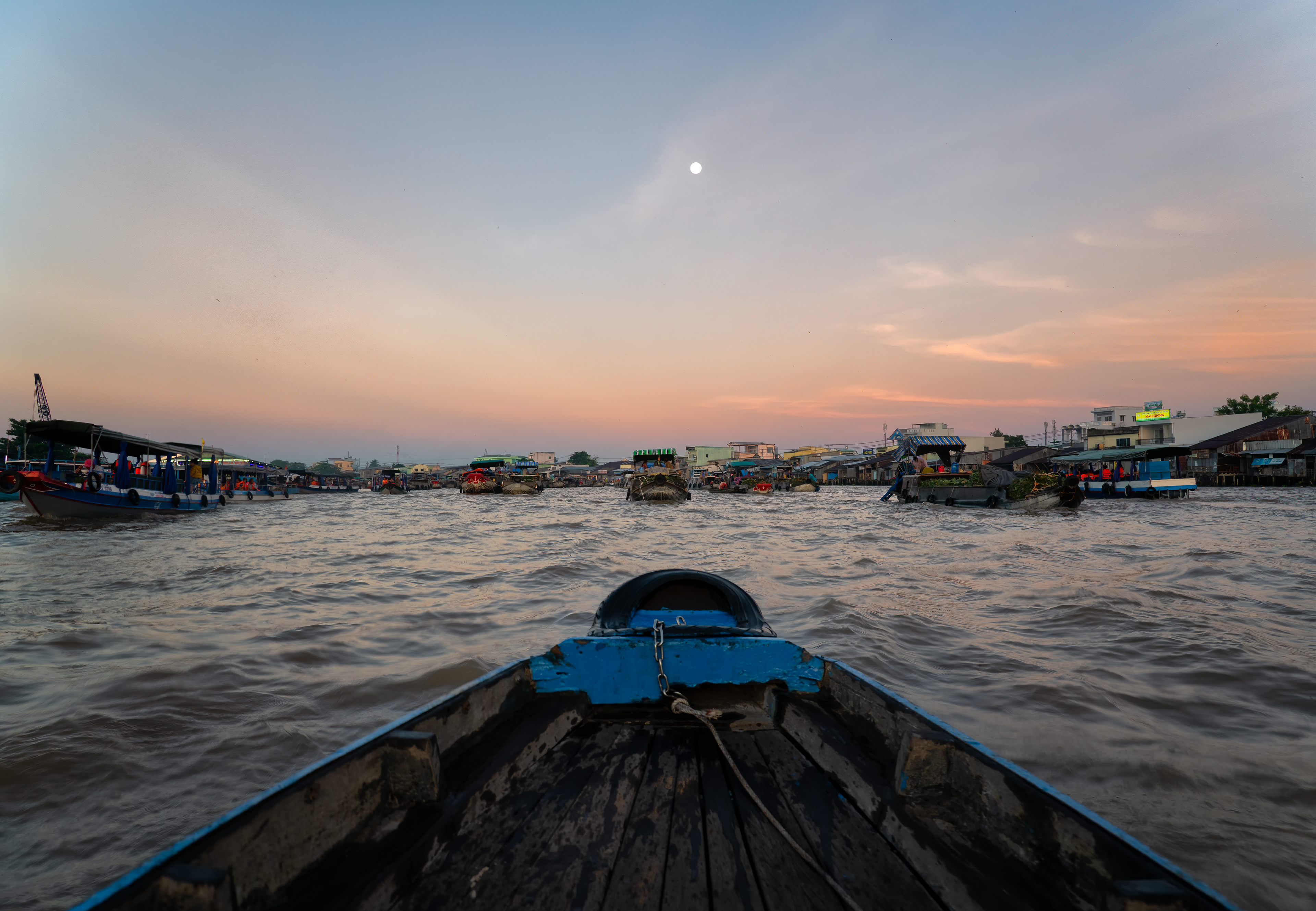 Approaching Cai Rang, the largest floating market in the Mekong Delta, at first light. Vendors here don't shout their goods — they hang a sample from a pole so you can see it from the water. Same boat, same captain, same morning. I don't know where his alligator is.
