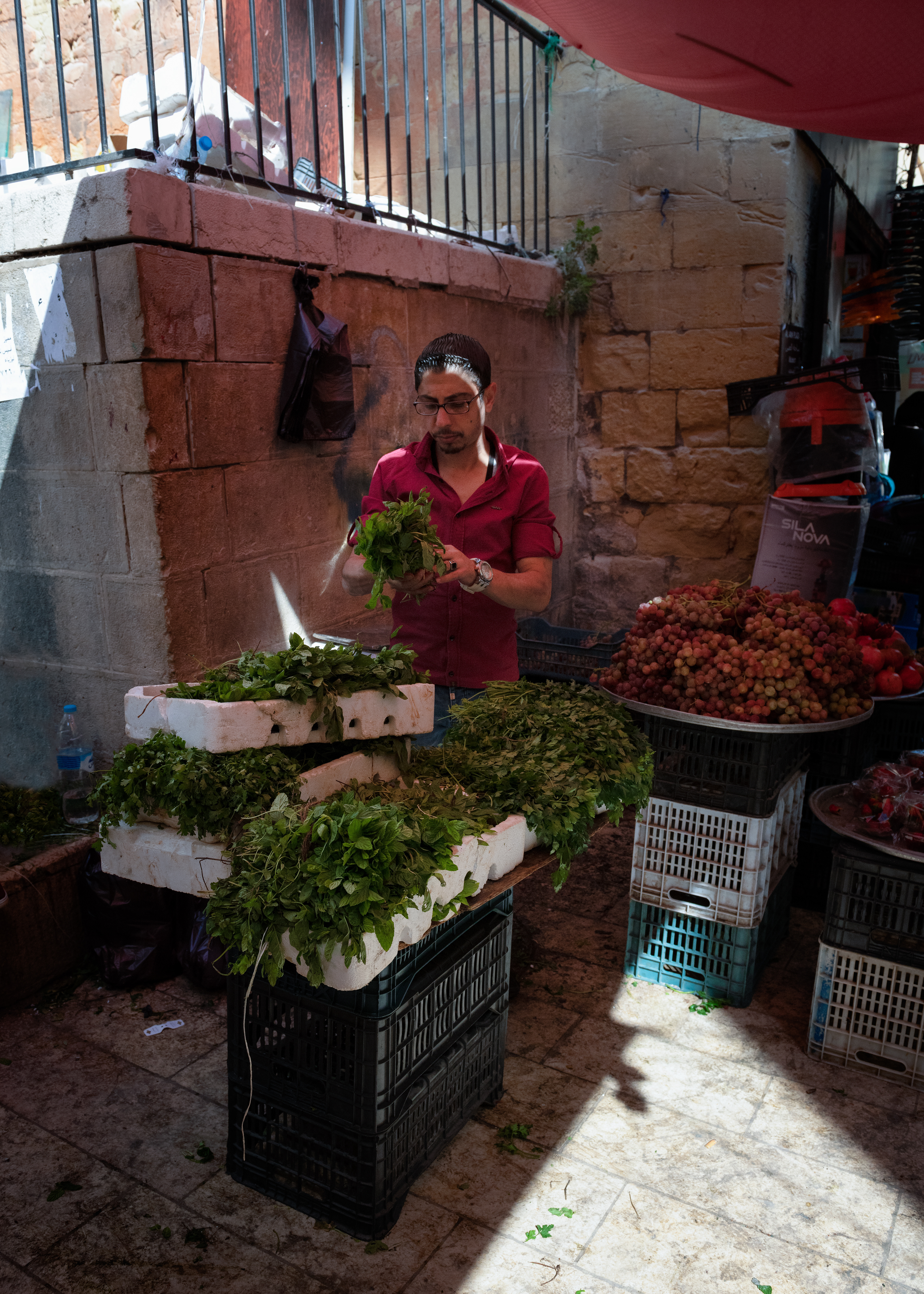 Al-Balad, downtown Amman. No ruin lit gold here, no ancient façade — just a man, a crate of mint, a wall of cut stone. I stopped, we talked, and I put my face down close to the leaves and breathed them in.