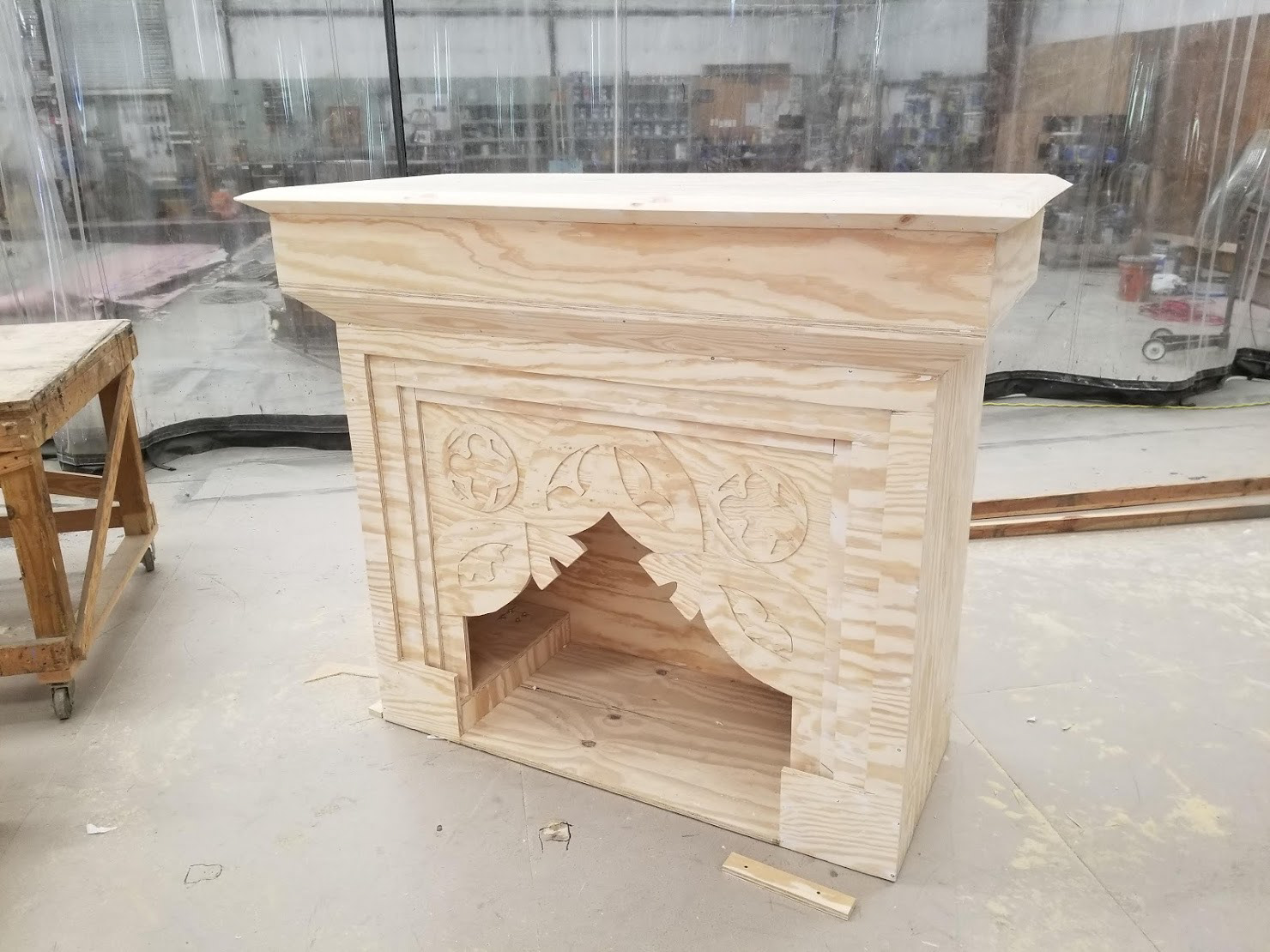 Fireplace constructed and unpainted