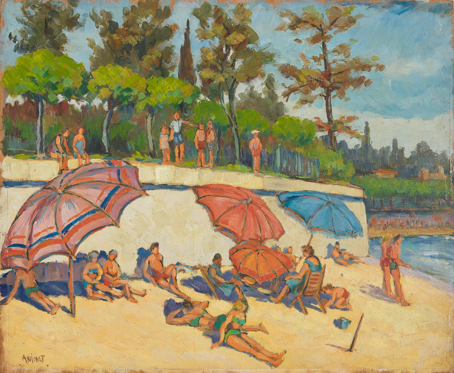 Bathers, oil on board, Animat.