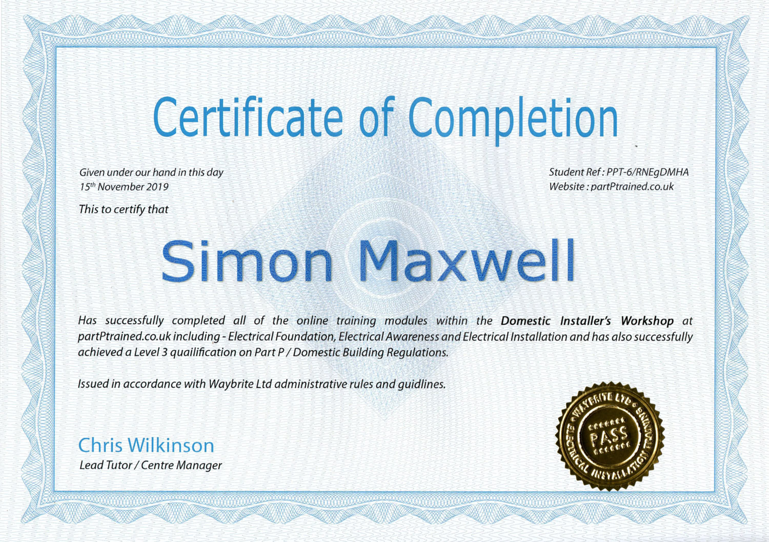 Domestic Electrical Installer Course, provided by Waybrite Training Ltd.