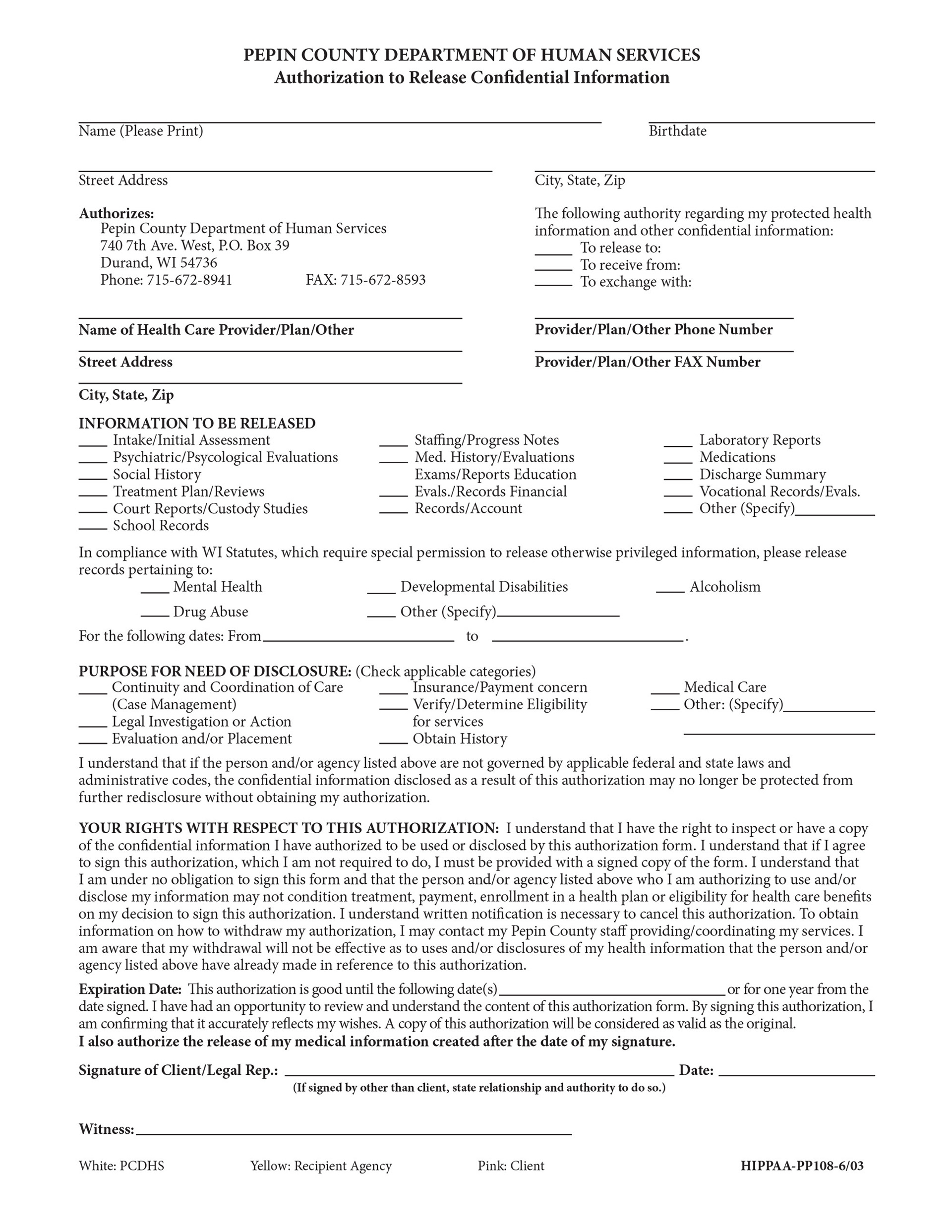 Pepin County Human Services Authorization Form
