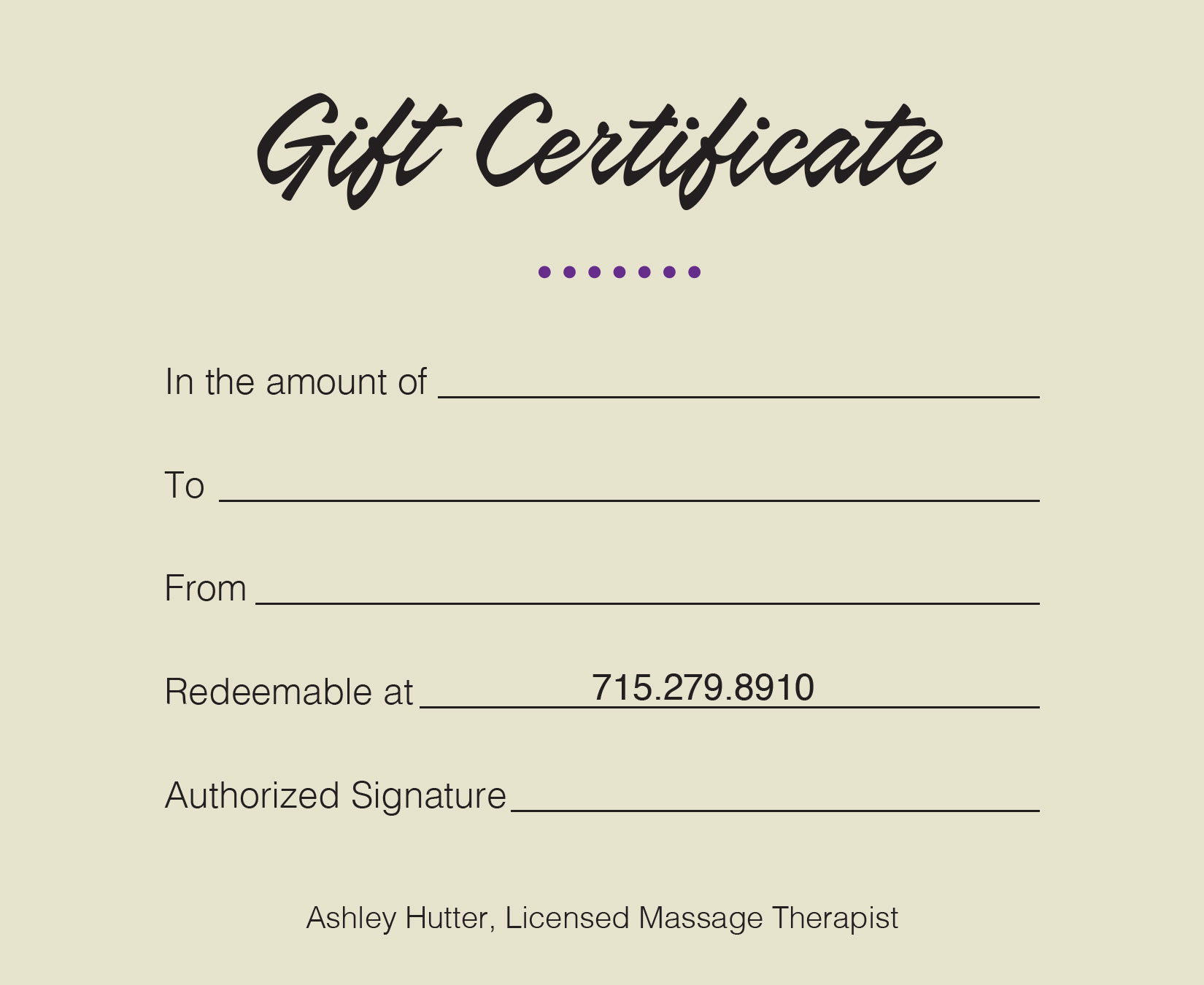 Ashley Hutter Gift Certificates (Back)