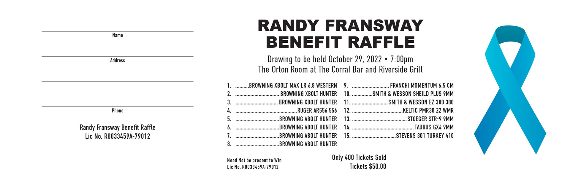 Randy Fransway Benefit Raffle Ticket