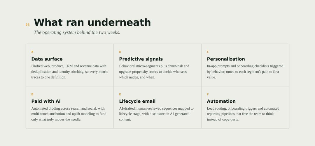 Operating framework behind the sprint: unified data surface, predictive signals, personalization, AI-driven paid media, lifecycle email, and automation.