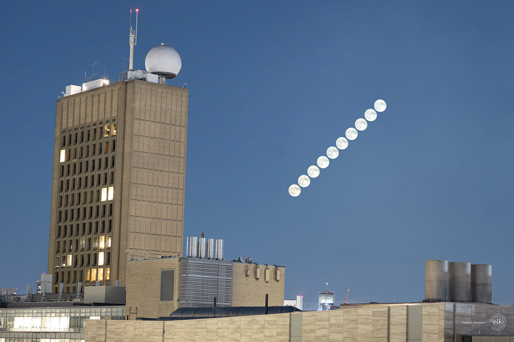 A time series of the super blue moon next to the MIT Green Building.