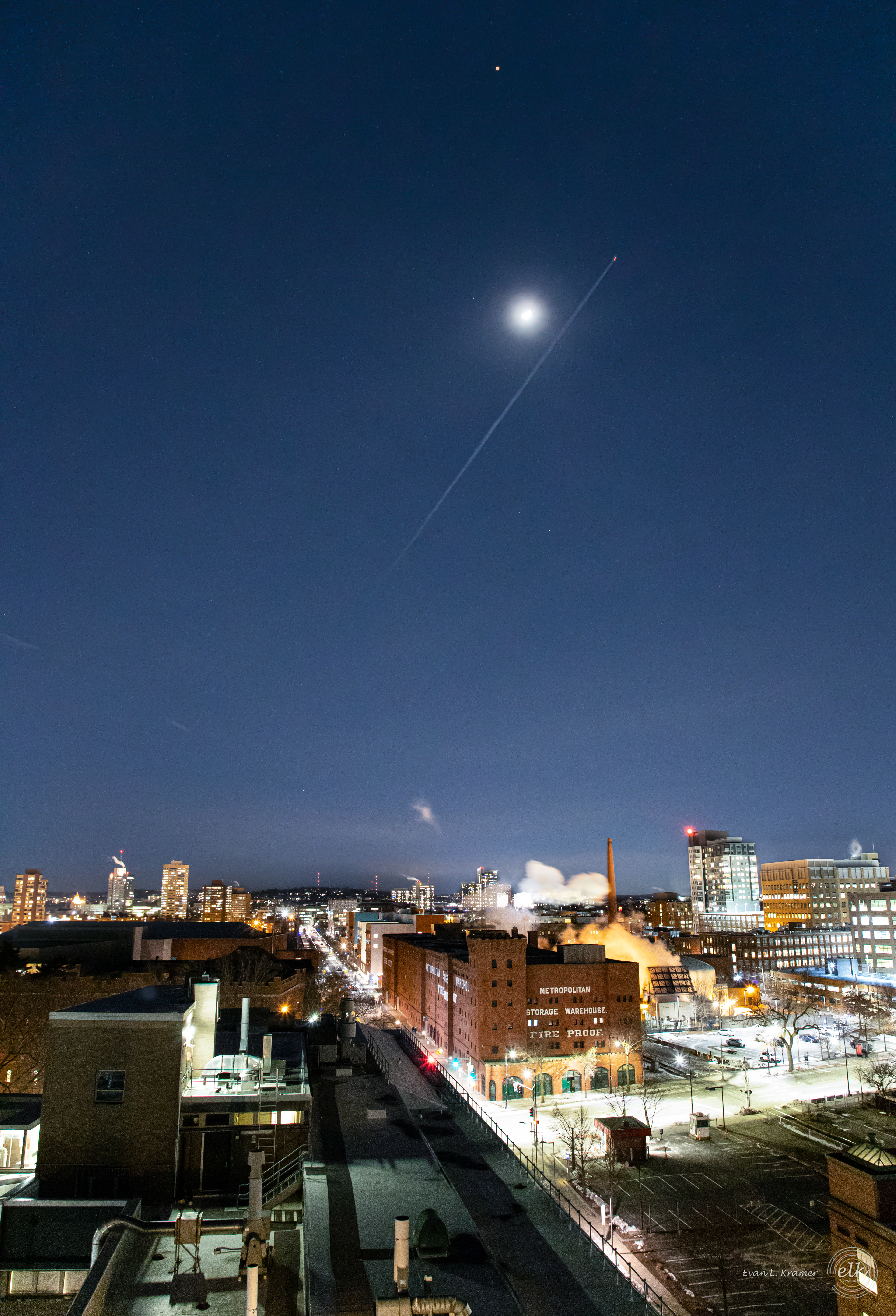 Mars, the moon, and a jet on the eve of the Mars Perseverance Rover landing. Cambridge, MA.
