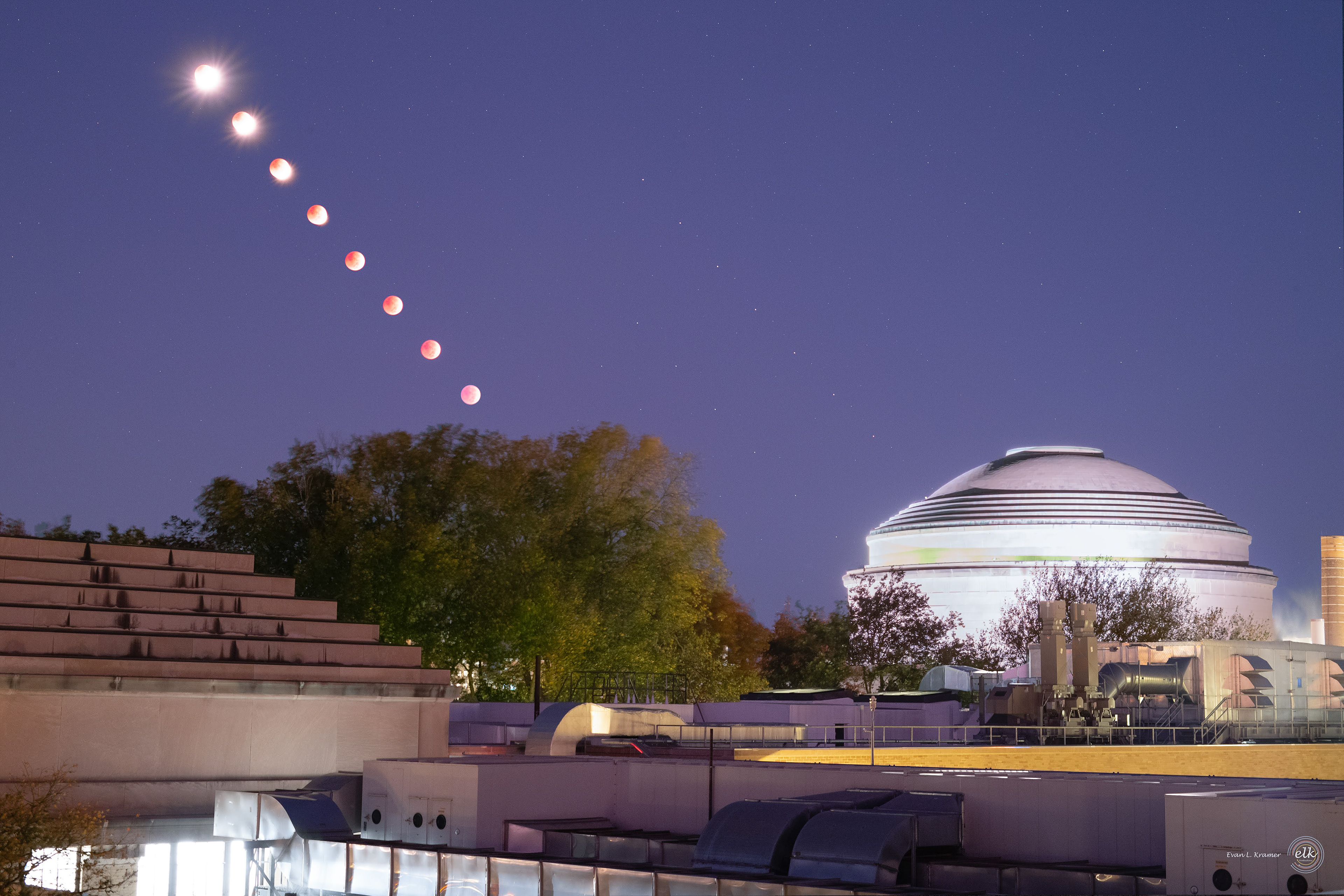 Total lunar eclipse and the MIT Dome from the roof of MIT building 3. 