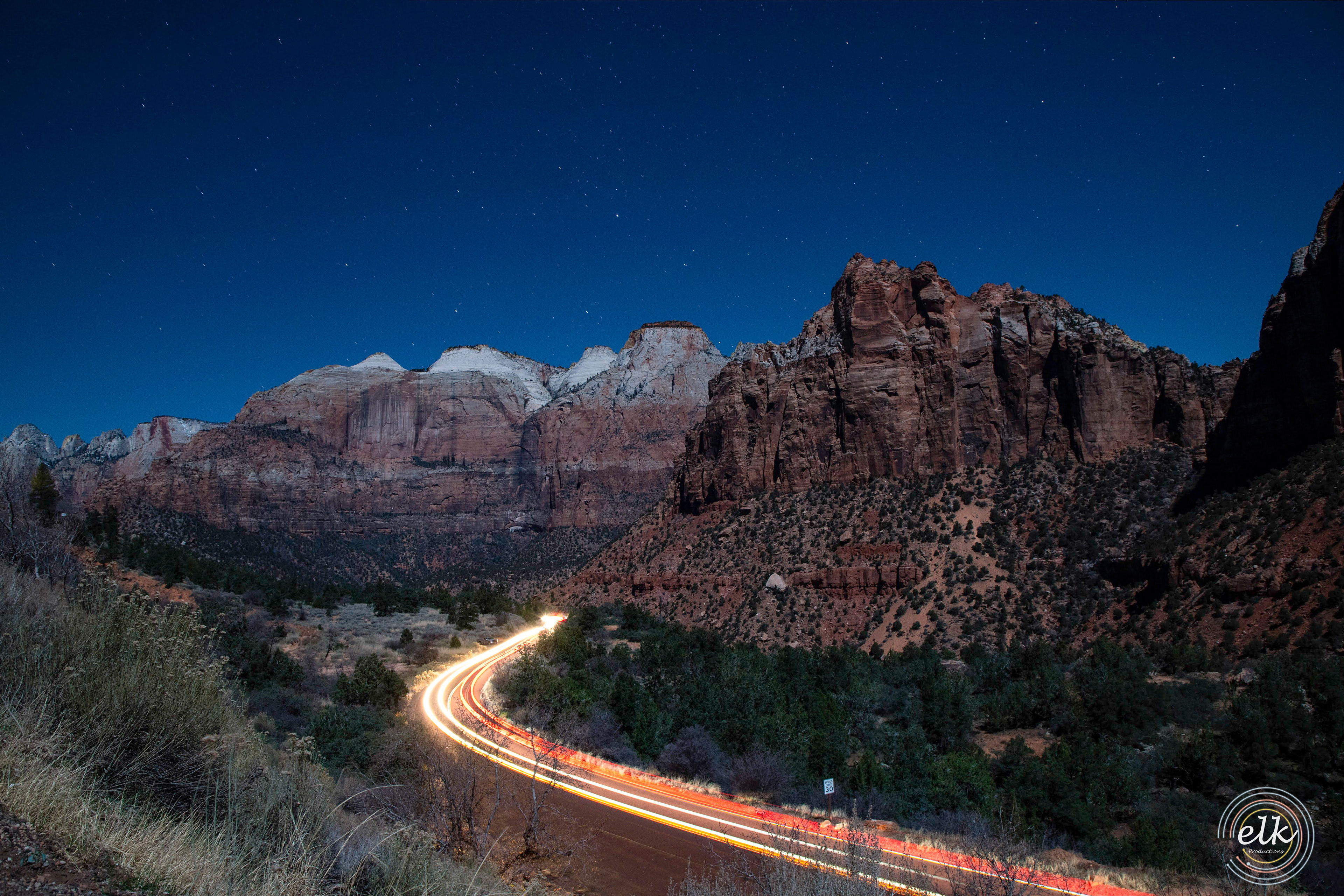 Red rock faces under the stars. Zion NP, UT.