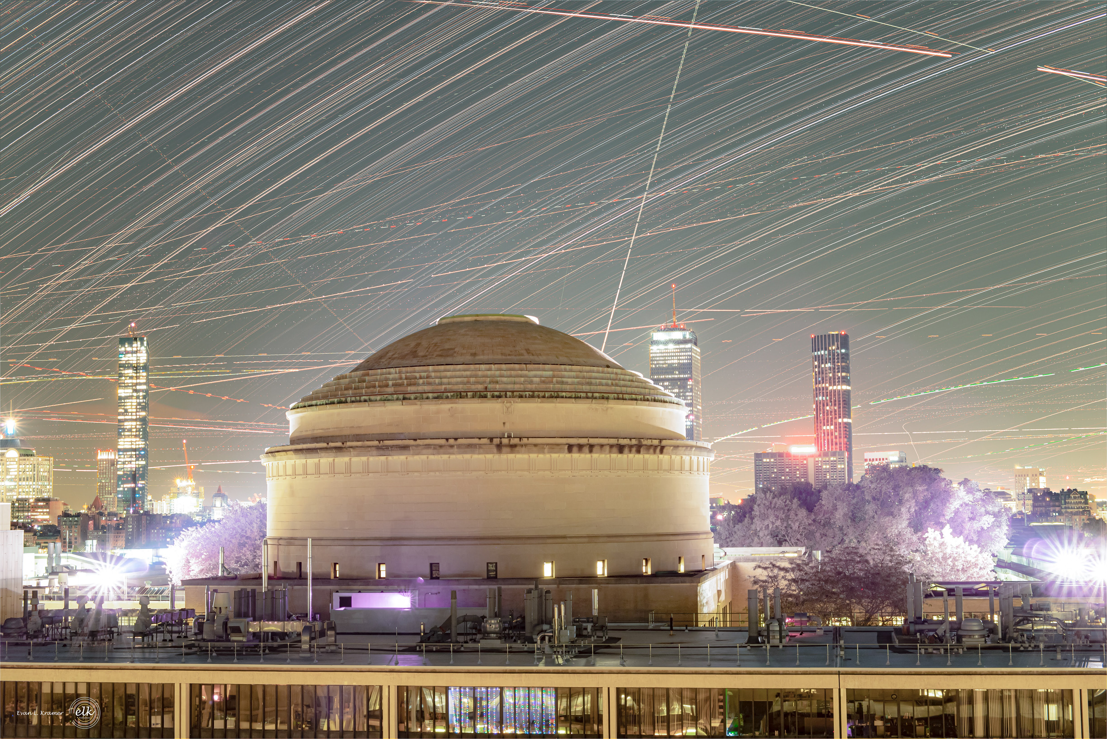 Full spectrum (UV + Visible + IR light) star trail image of the MIT Dome. Cambridge, MA.