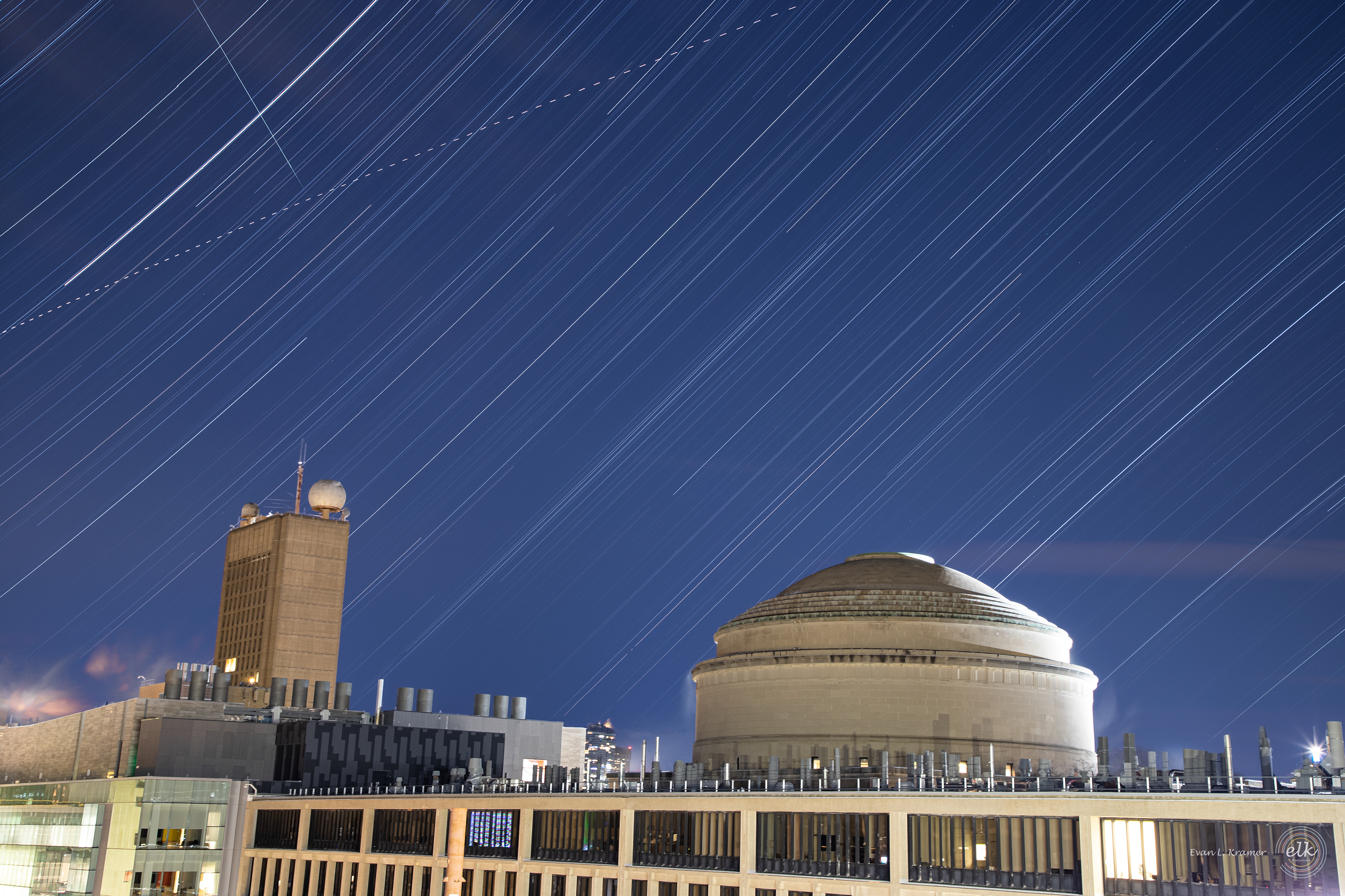 Star trails, the international space station, and a meteor over the MIT Dome and Green building. Cambridge, MA.