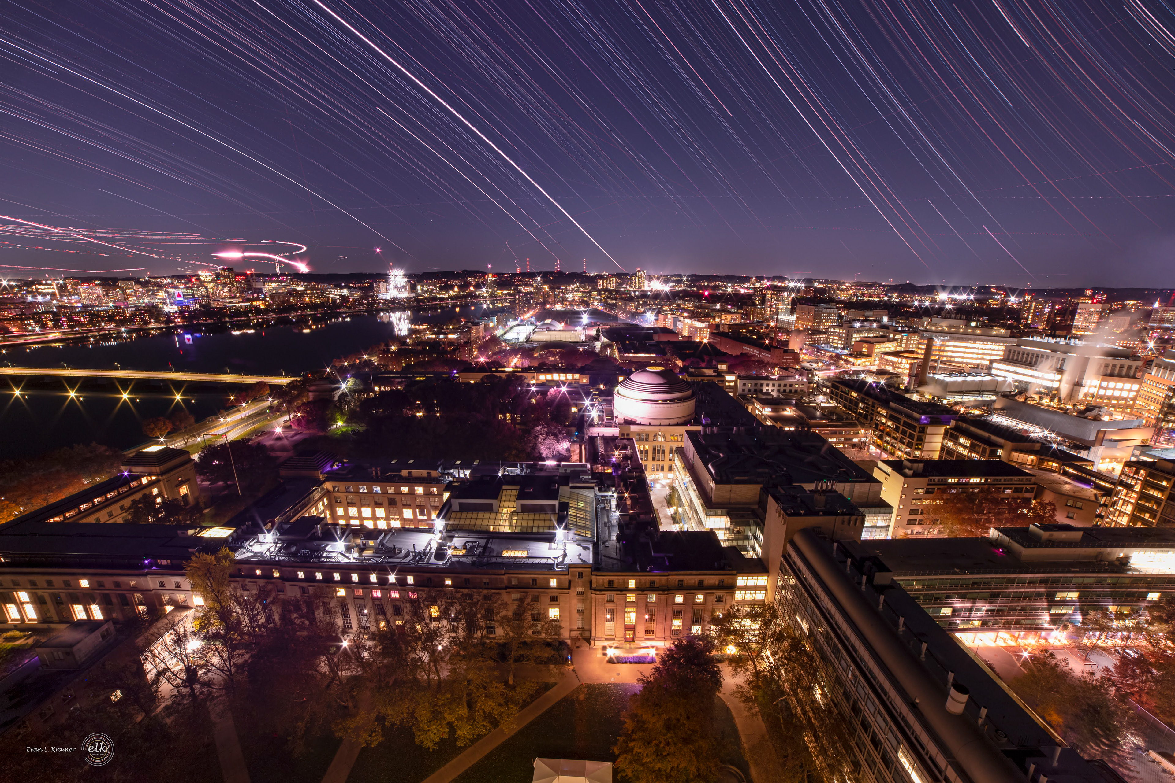 Full spectrum star trail image featuring Jupiter from the Green Building roof. Cambridge, MA.