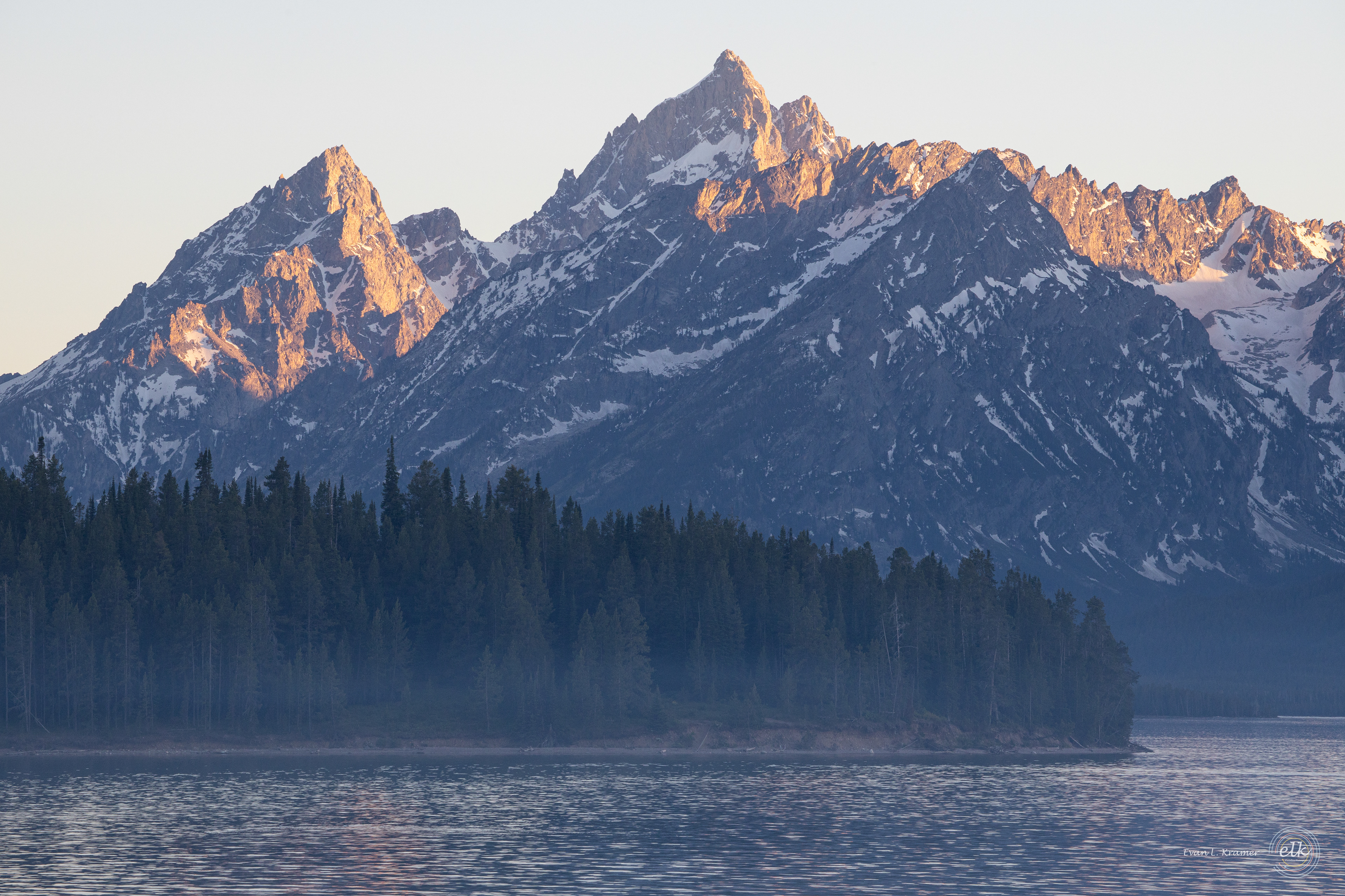 The Tetons and Jackson Lake at sunset. Grand Teton NP, WY.