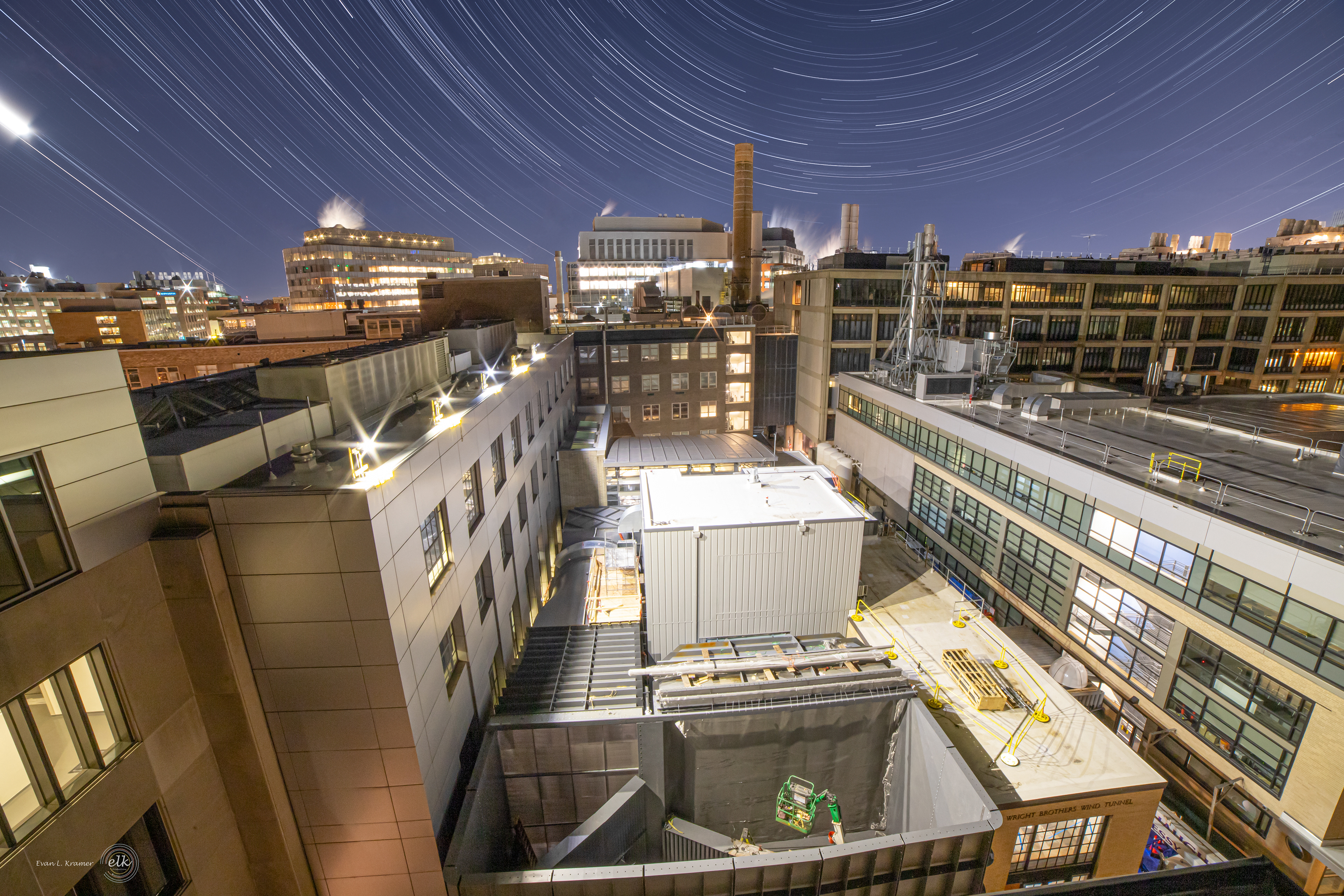 Star trails and the moon over the Wright Brothers Wind Tunnel under construction. Cambridge, MA.