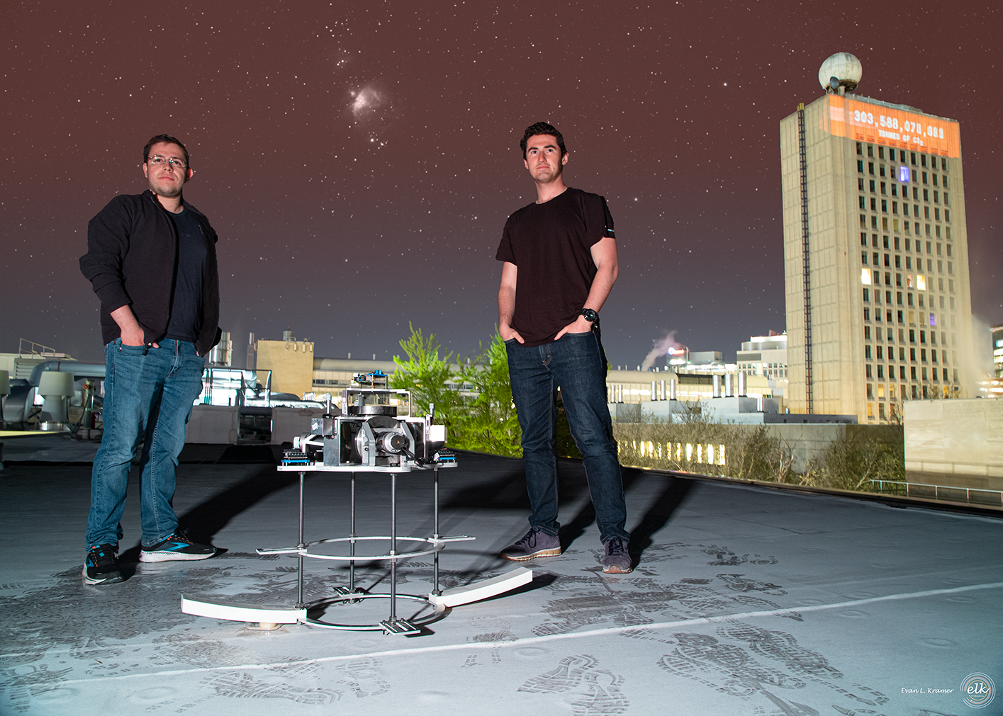 Alejandro Cabrales (left) and Evan Kramer (right) on MIT Building 3 with the SpinAp telescope. Composite image: An hour of visible and hydrogen alpha data at 656nm was captured, featuring Orion Nebula.