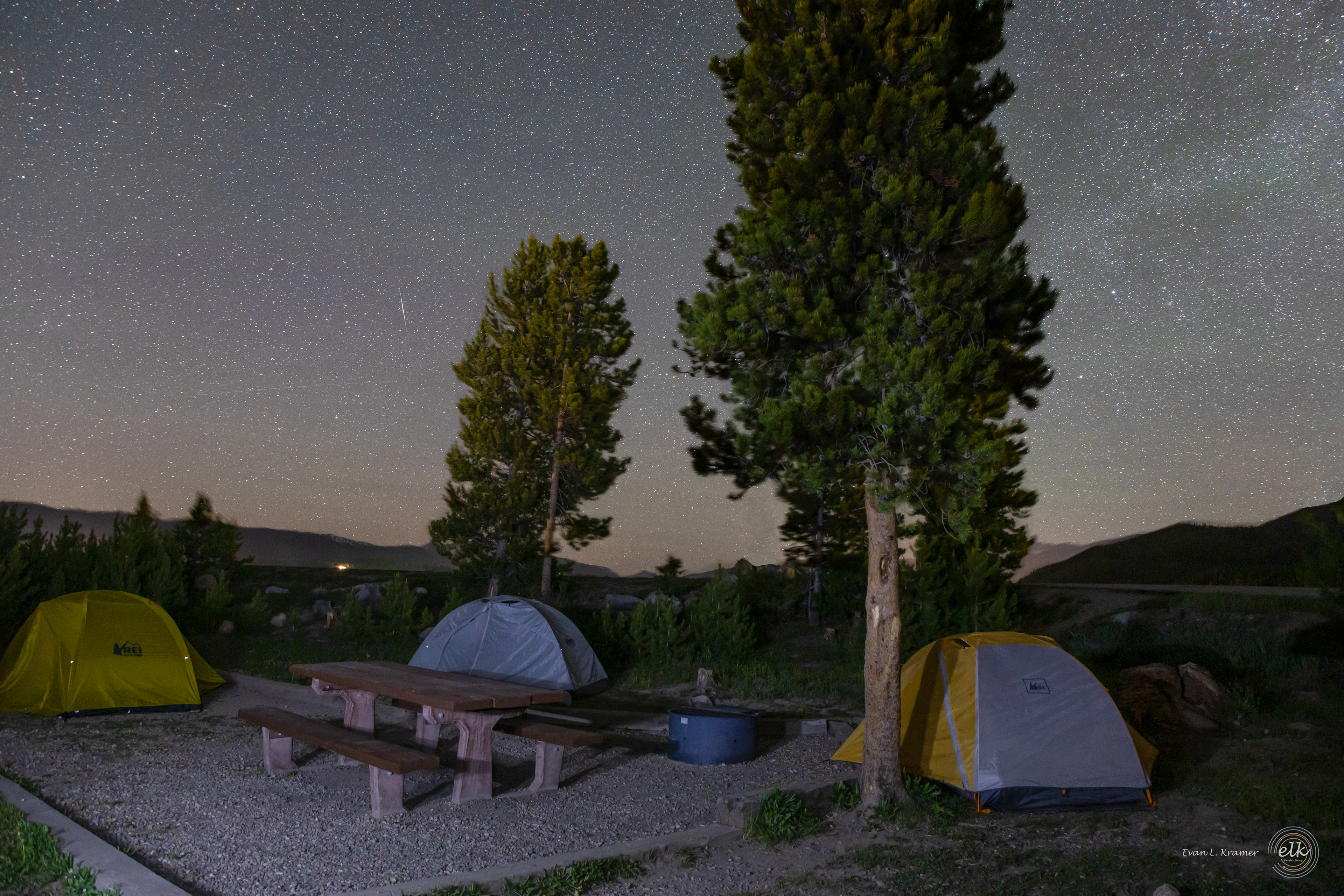 Shooting star over the campsite. Rocky Mountain NP, CO.