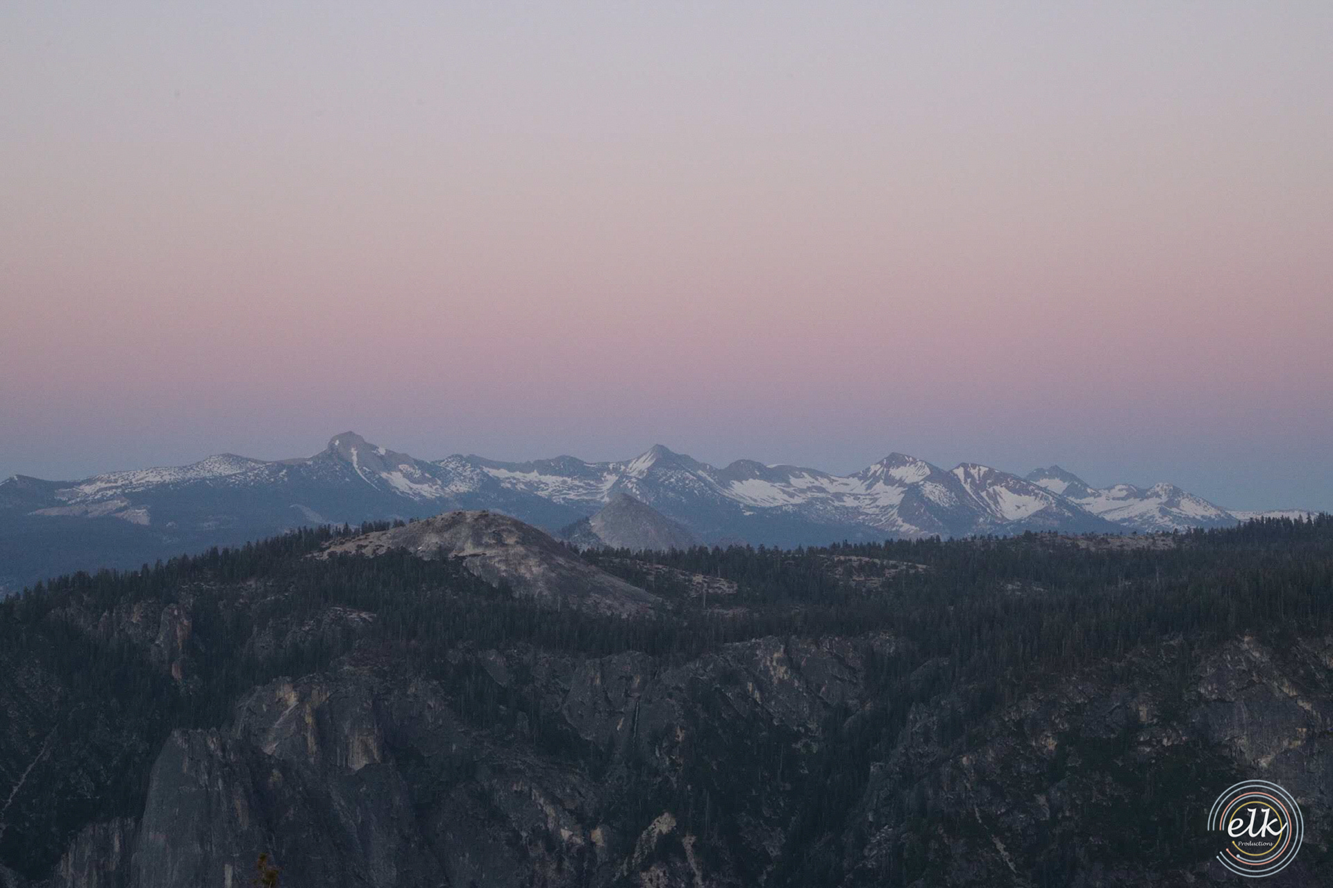 The Sierra Nevada at sunset from the top of El Capitan. Yosemite NP, CA.