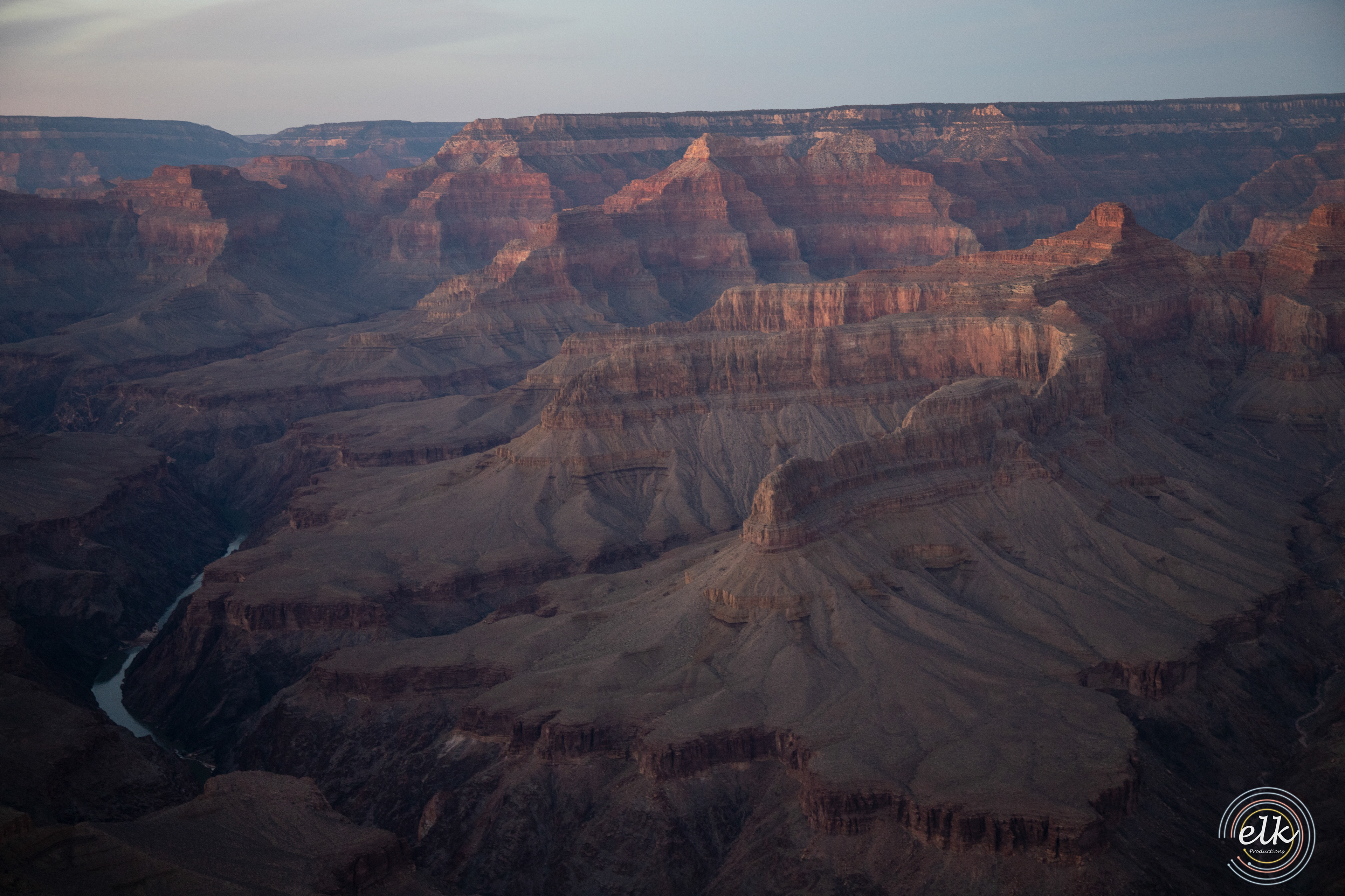 The Grand Canyon and the Colorado River at dusk. Grand Canyon  NP, AZ.
