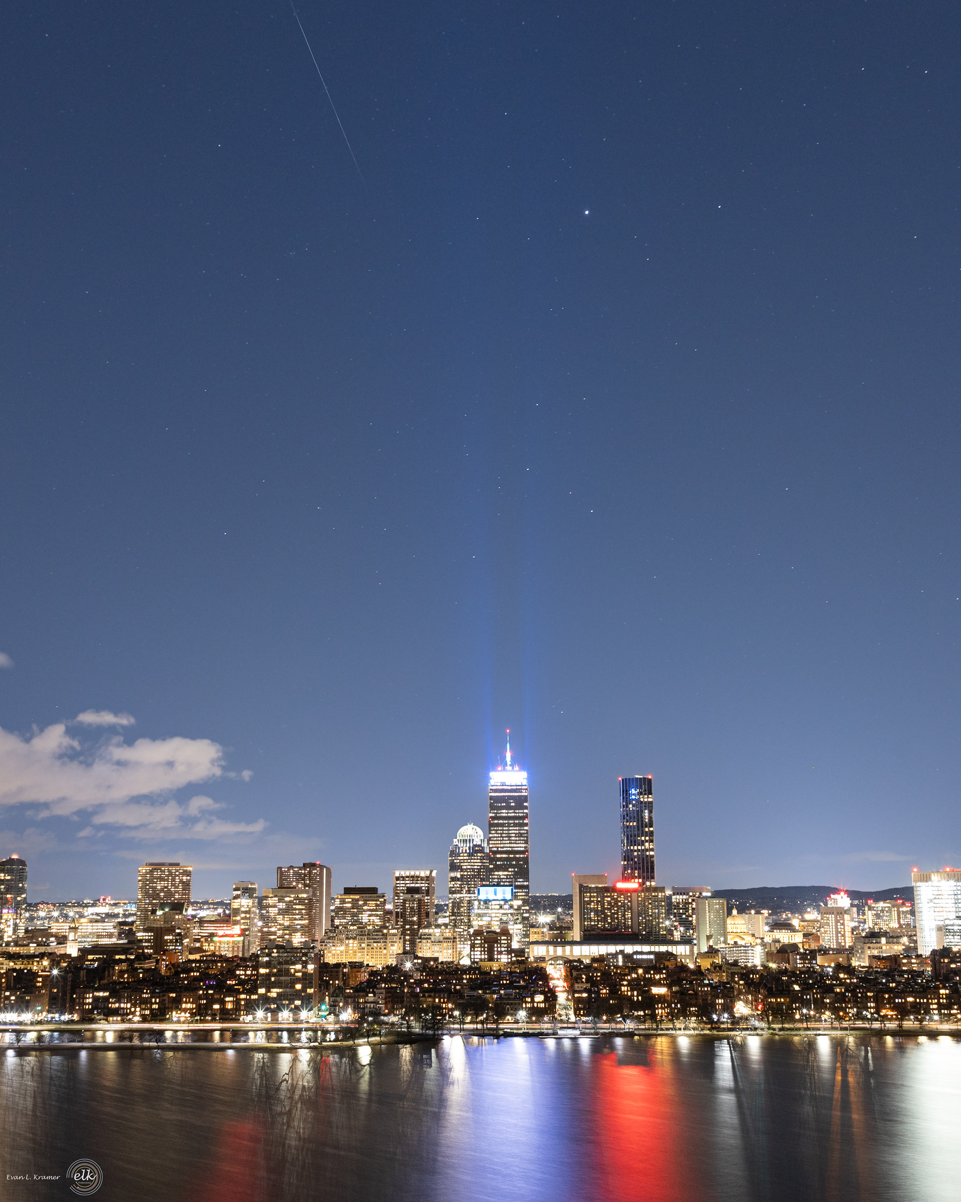 A Geminid meteor captured over the Prudential tower in Boston.