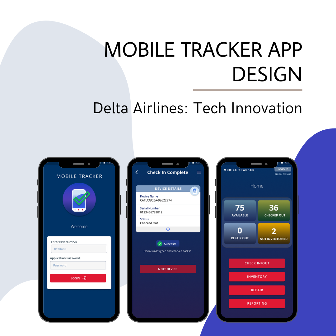 Screenshot of the first three screens of the mobile tracker app I designed for Delta Airlines