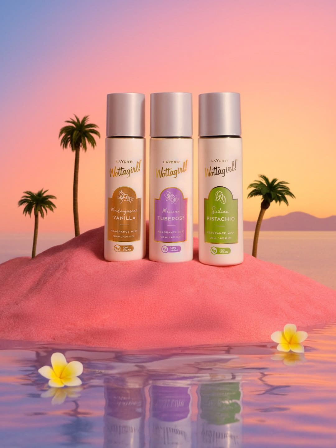 Ideation: Created a dreamy sunset environment to represent different fragrance moods. Why it works: The soft colors and surreal setting make the product feel aspirational and aesthetic.