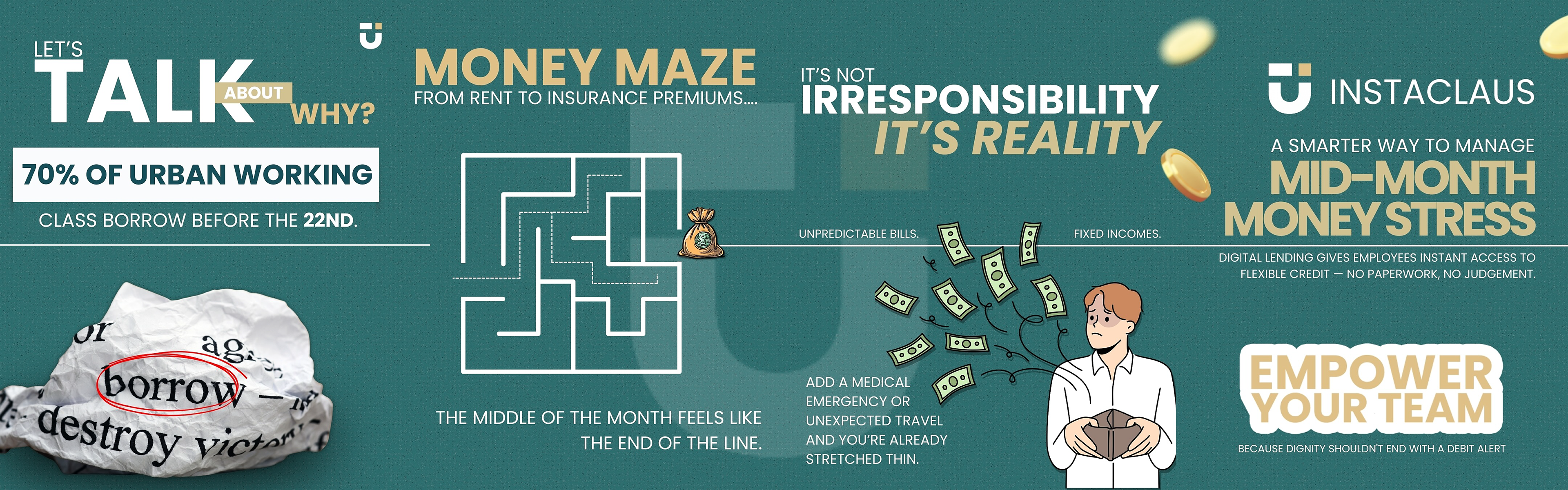 Ideation: Visualized mid-month financial stress through relatable scenarios and storytelling. Why it works: The emotional relatability makes the solution feel relevant and immediate.