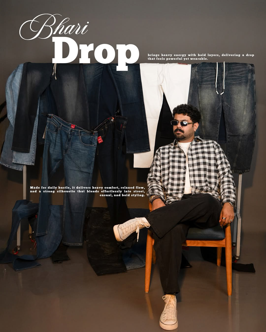 Ideation: Built around “heavy drop” culture, showcasing denim as bold and street-ready. Why it works: The rugged setup and stacked visuals emphasize strength and everyday wearability.