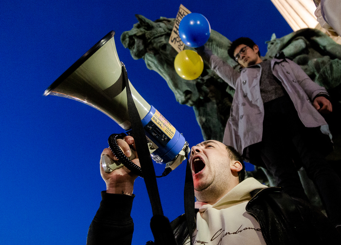 Ukrainian protester during a demonstration against the Russian invasion in Ukraine, 2022 Budapest
