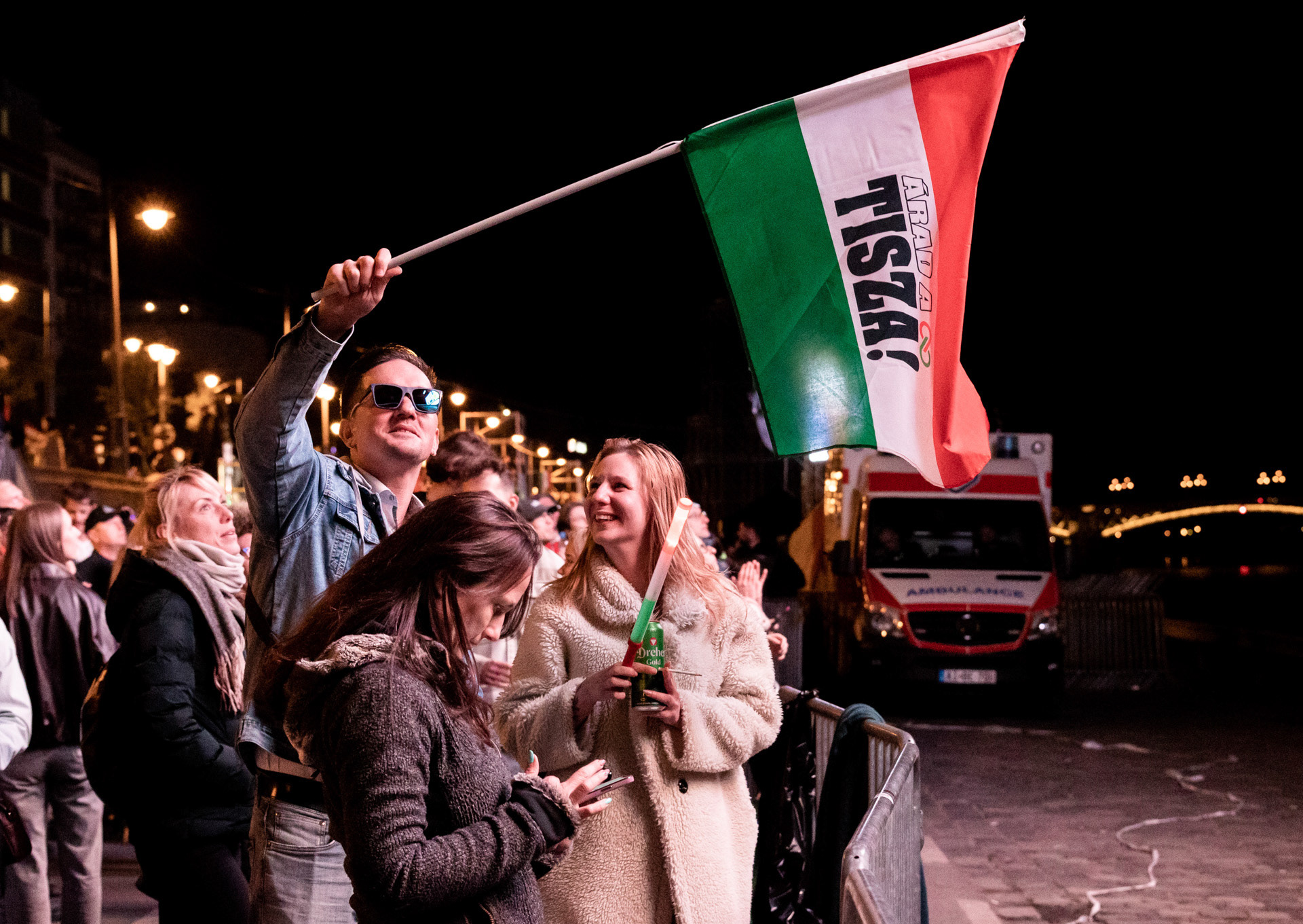 Supporters are celebrating the landslide win of Hungary's newly PM Péter Magyar during the Hungarian election night in Budapest, 12th of April 2026.