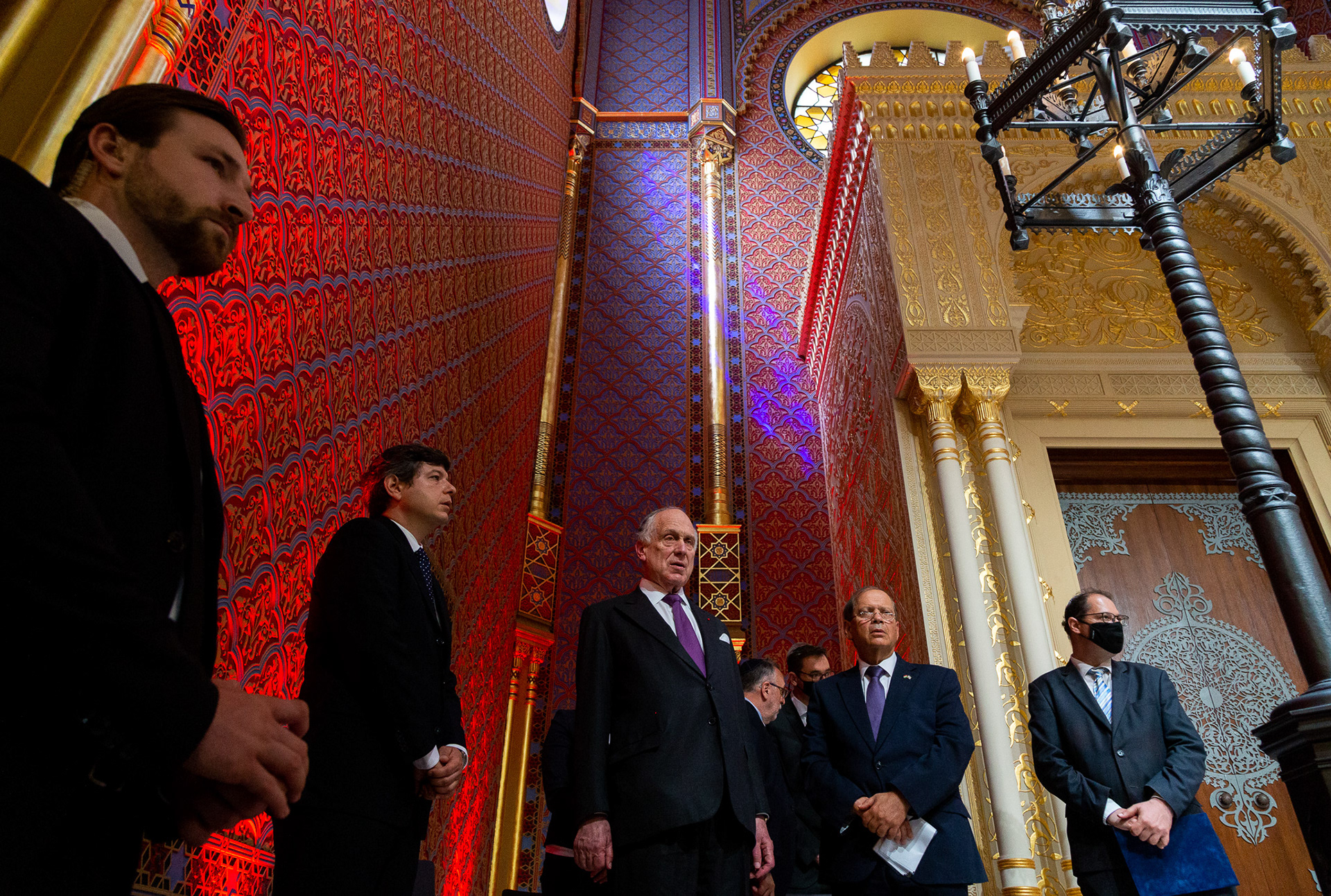 PRESIDENT OF JEWISH WORLD CONGRESS RONALD S. LAUDER (M) AND AMBASSADOR OF ISRAEL TO HUNGARY YACOV HADAS-HANDELSMAN (M) IN THE OPENING CEREMONY OF RUMBACH SYNAGOGUE, BUDAPEST, AUGUST 2021