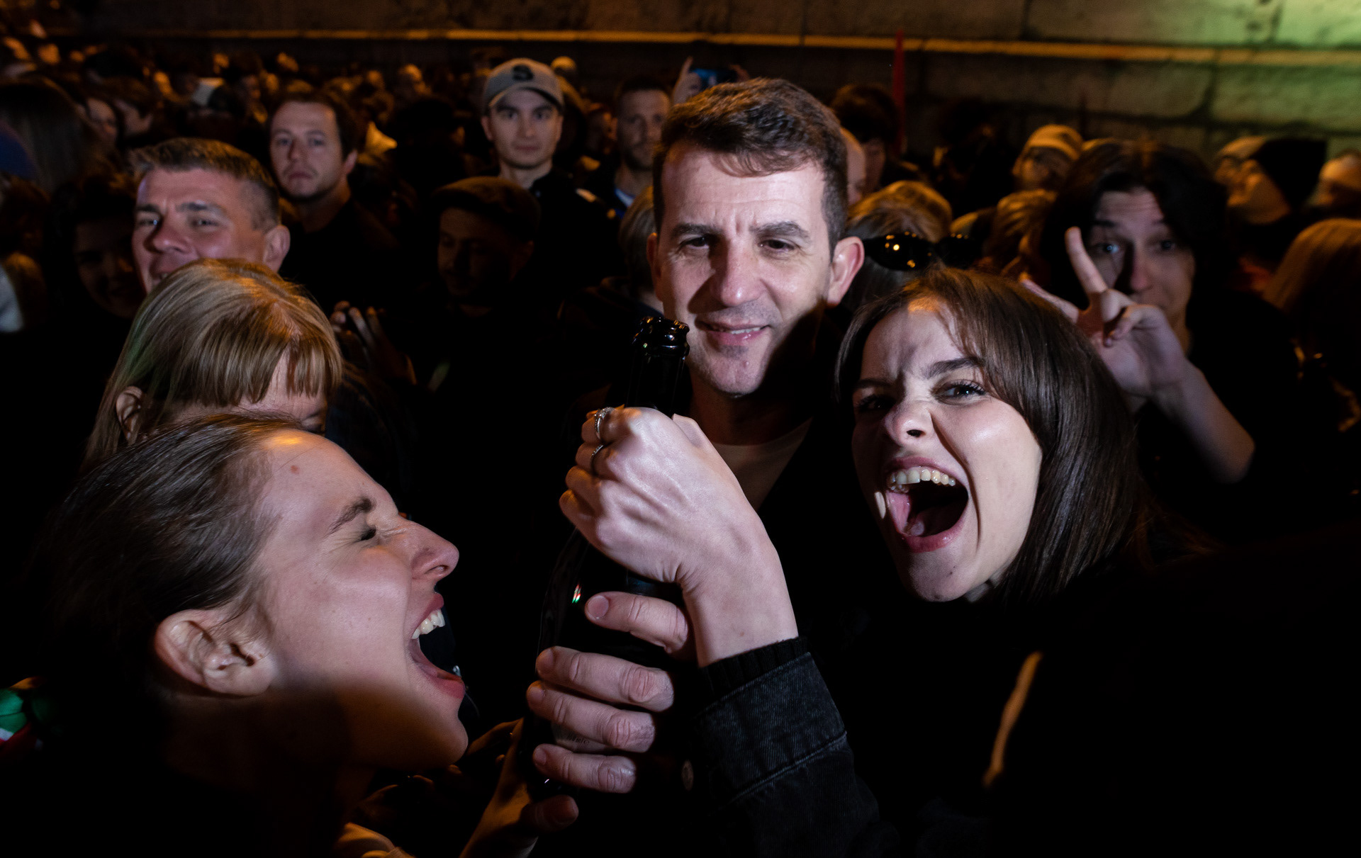 Supporters are celebrating the landslide win of Hungary's newly PM Péter Magyar during the Hungarian election night in Budapest, 12th of April 2026.