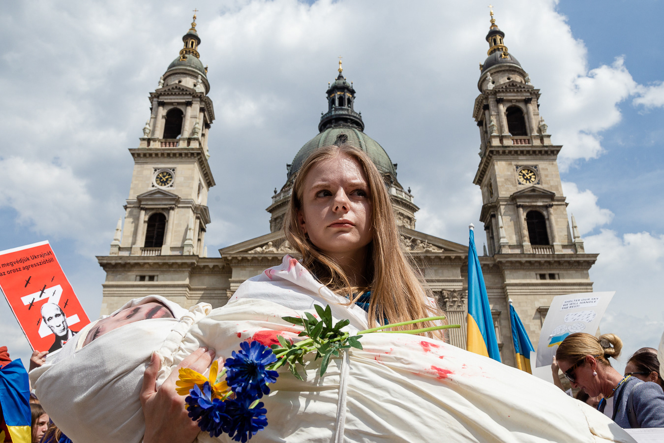Ukrainian protester during a demonstration against the Russian invasion in Ukraine, 2022 Budapest