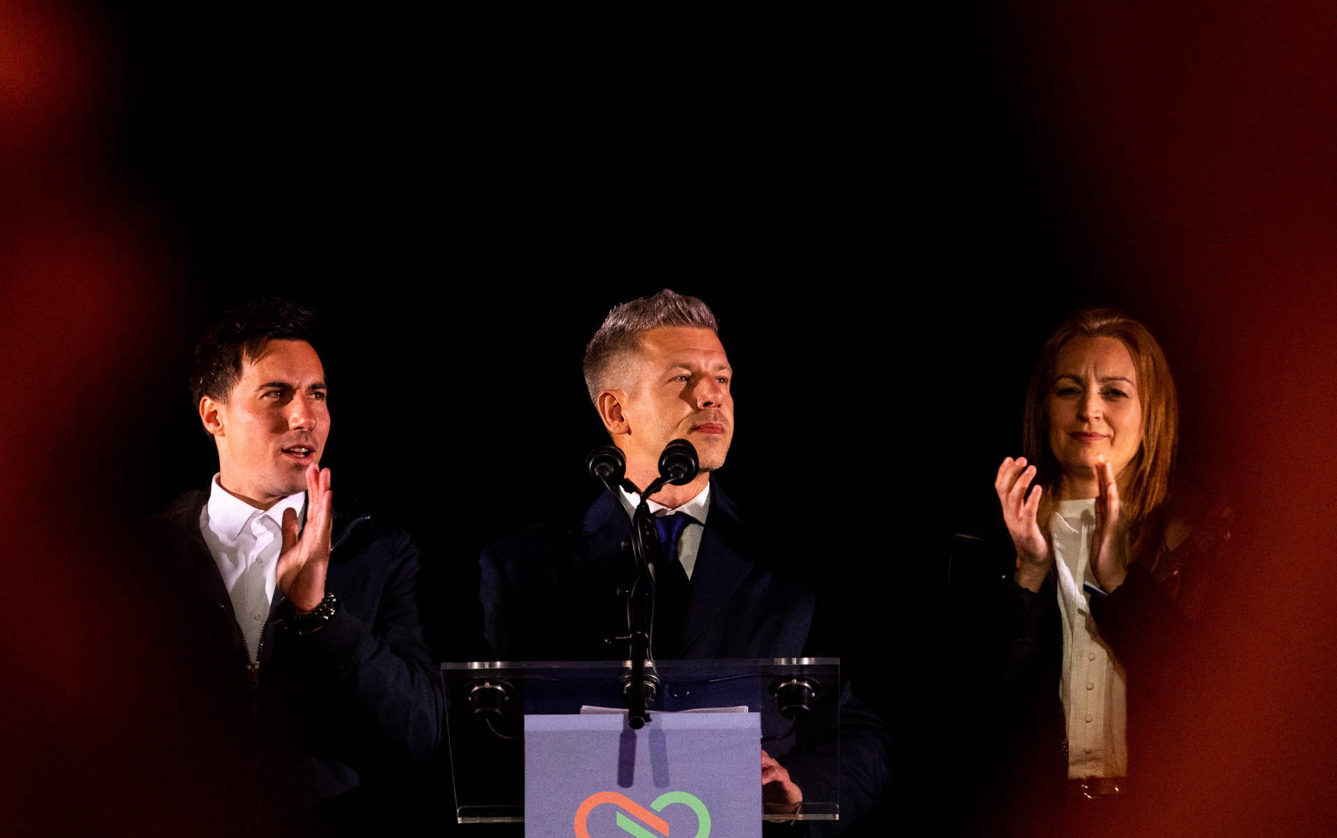  Hungary's newly elected PM Péter Magyar holds his winning speech accompanied with the leaders of Tisza party following their landslide win in the Hungarian elections in Budapest, 12th of April 2026.
