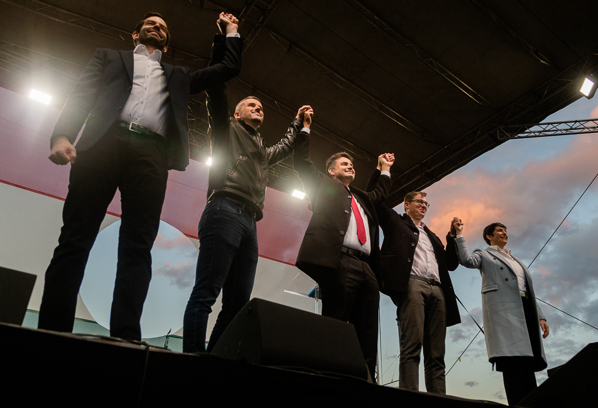 FIVE PRIME MINISTER ELECTS GATHER ON THE CLOSING EVENT OF THE NATIONWIDE PM OPPOSITION'S PRIMARY ELECTION EVENT IN BUDAPEST, OCTOBER 23, 2021