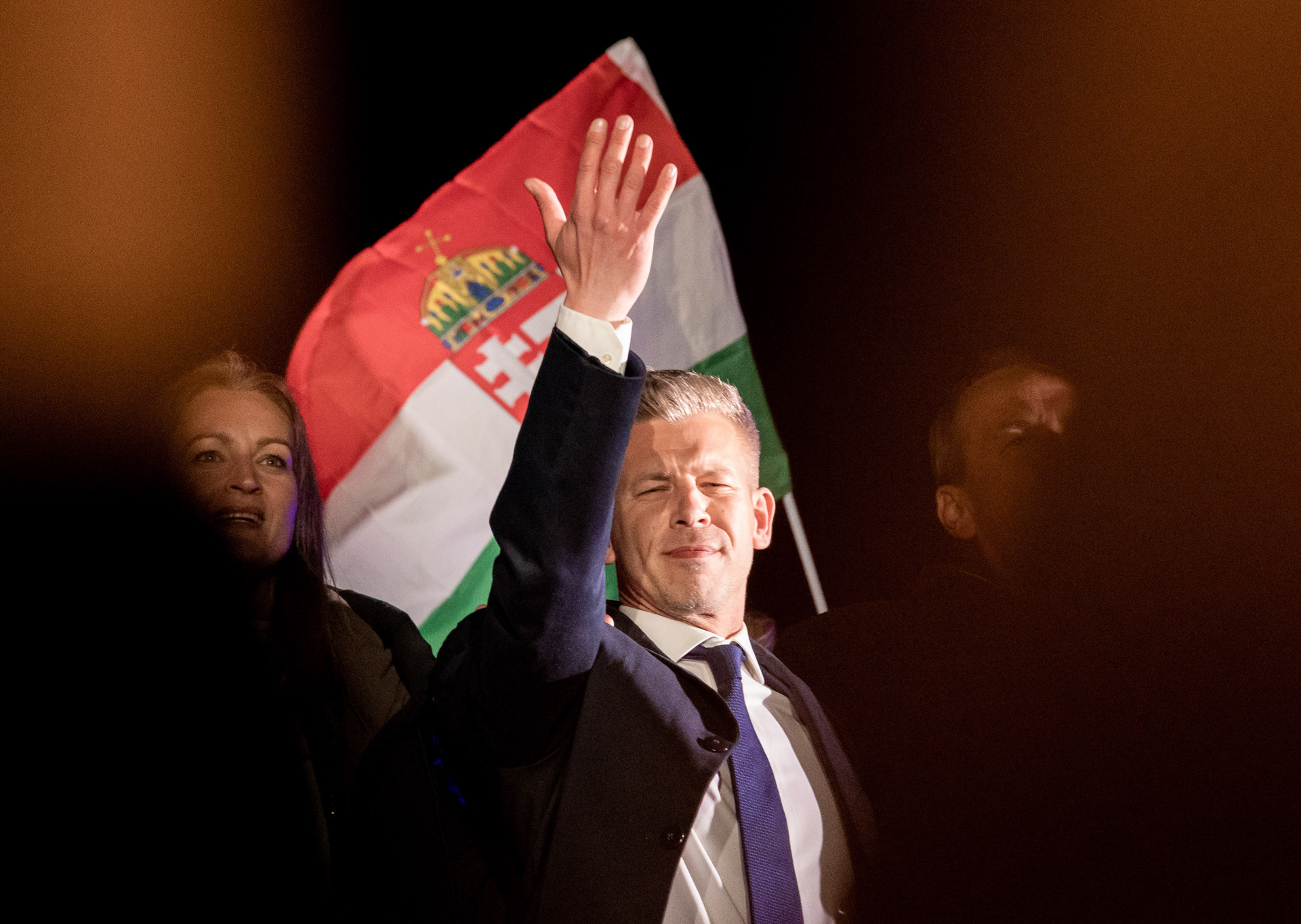 Hungary's newly elected PM Péter Magyar celebrates the landslide win of his party Tisza in the Hungarian nationwide elections in Budapest, 12th of April 2026.