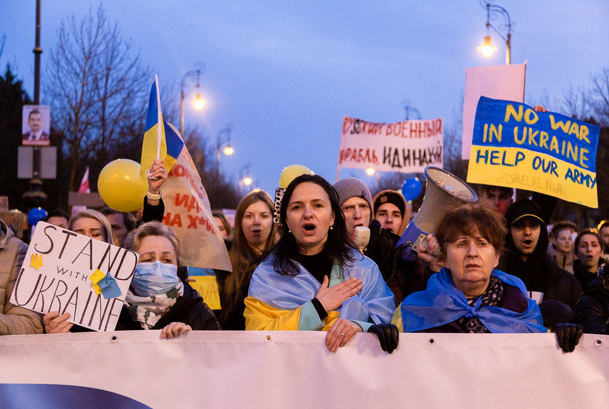 Ukrainian protesters during a demonstration against the Russian invasion in Ukraine, 2022 Budapest