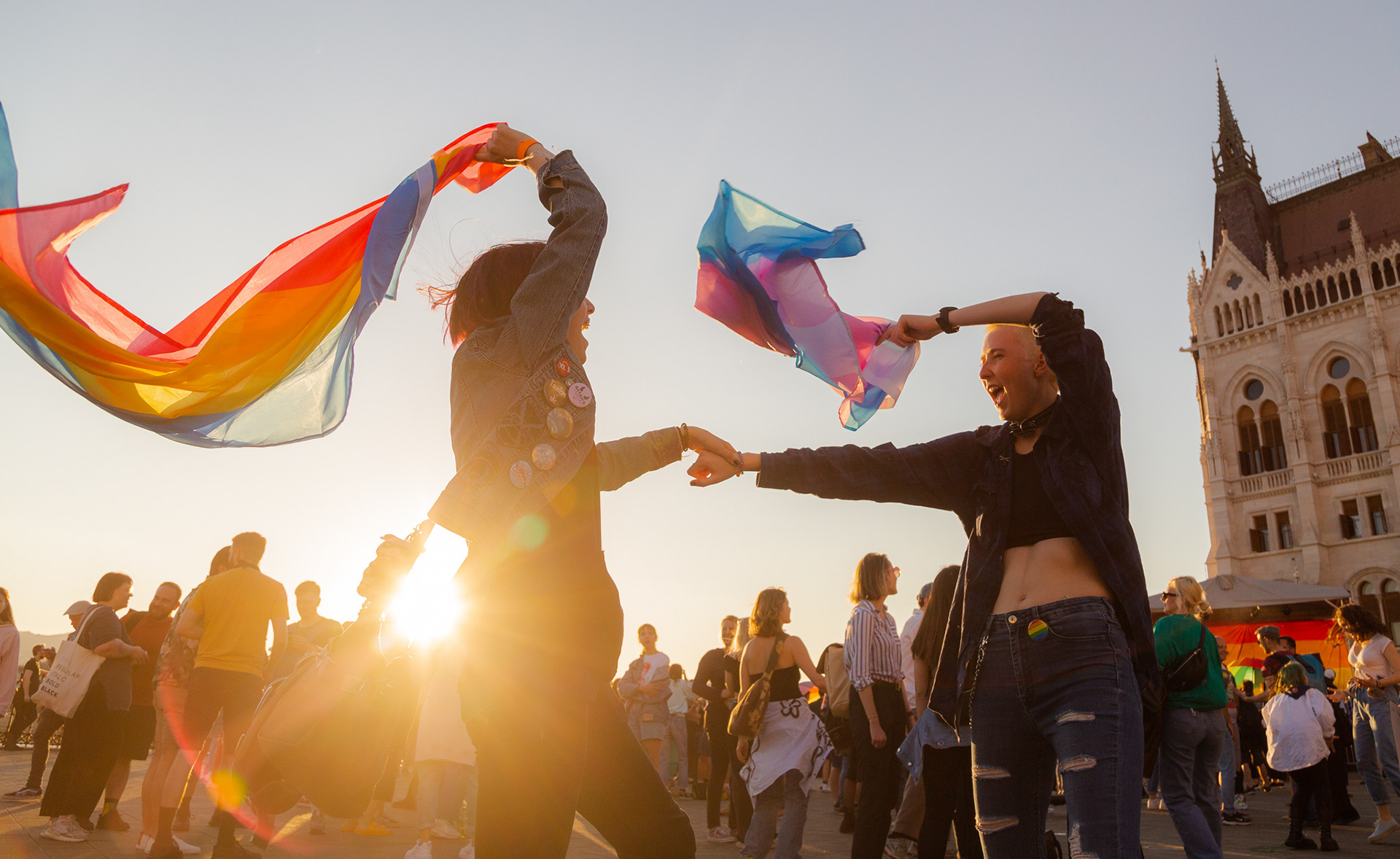 YOUNG SUPPORTERS DANCE DURING THE PROTEST OF THE HUNGARIAN LMBTQ COMMUNITY AGAINST THE HUNGARIAN GOVERNMENT'S NEW LAW DUE TO THE PROTESTORS' CONCERN OF IT'S HOMOFOBIC AND DISCRIMINATIVE INTERPRETATION, BUDAPEST, JUNE 14, 2021