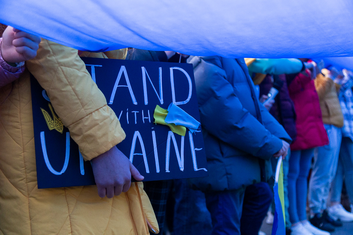 Ukrainian protesters during a demonstration against the Russian invasion in Ukraine, 2022 Budapest