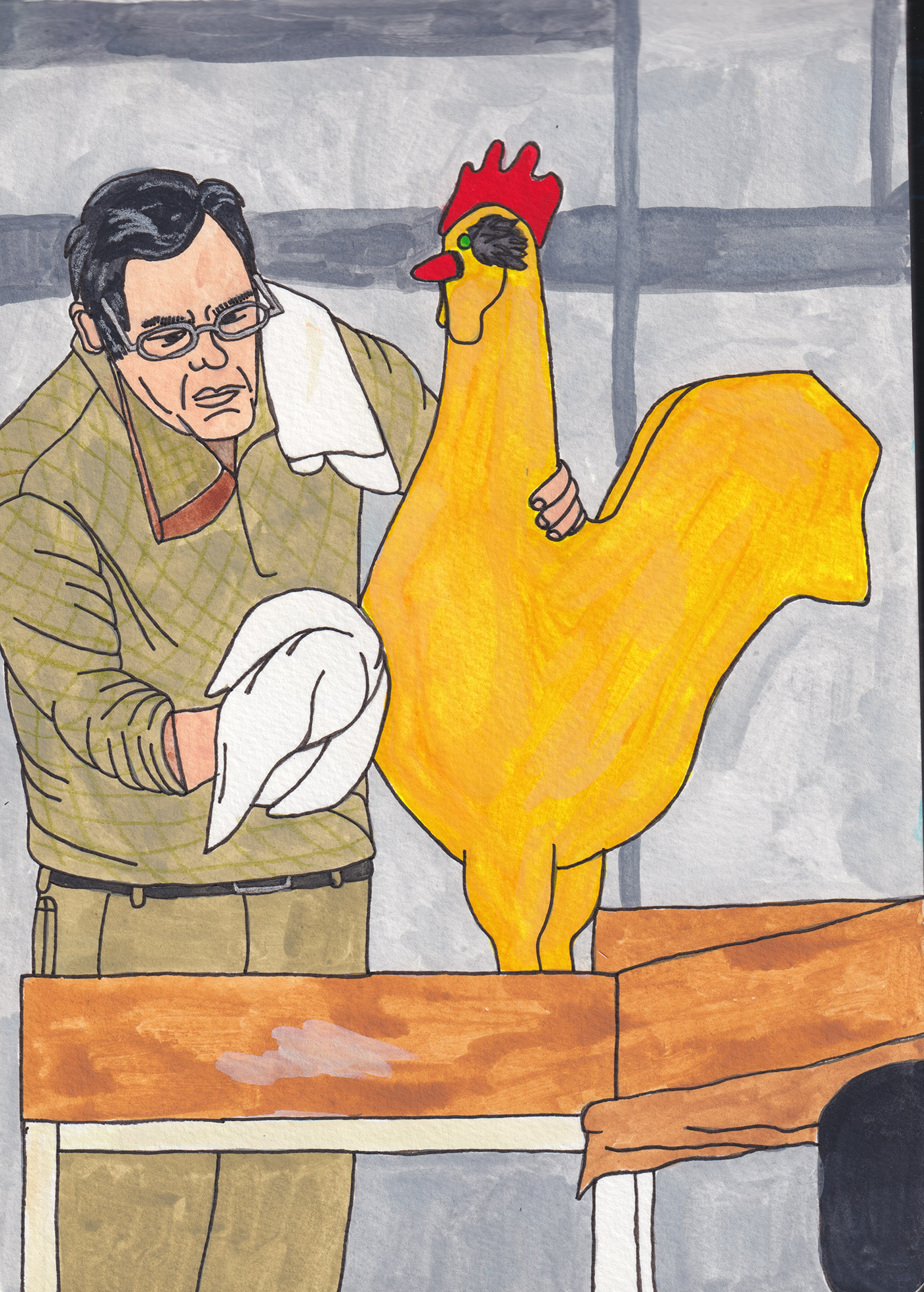 Francis cleaning the rooster, Creativity Explored