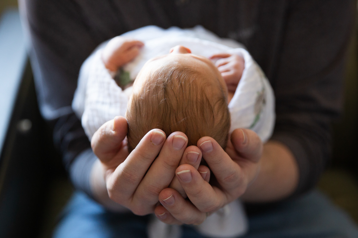 Fresh 48 baby head in hands