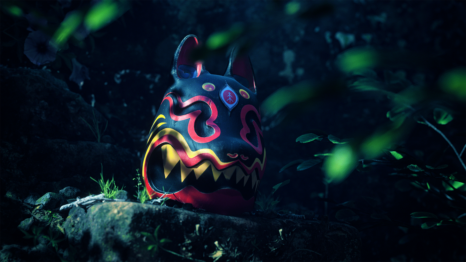 3D render of a japanese cat mask in the forest by Tiago Higgs