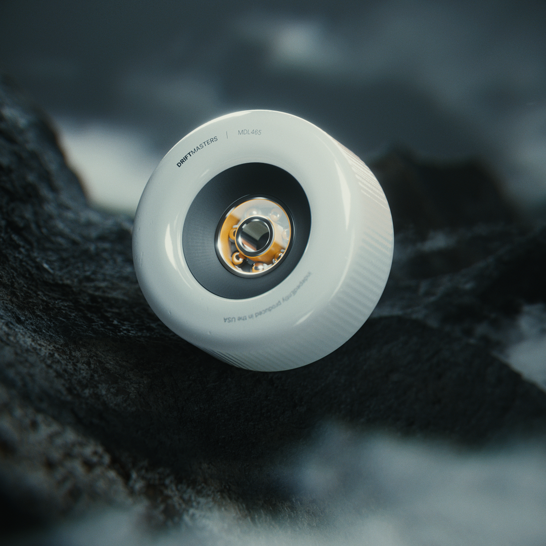 3D render of a detailed skateboard wheel on a dark terrain,  designed by Tiago Higgs