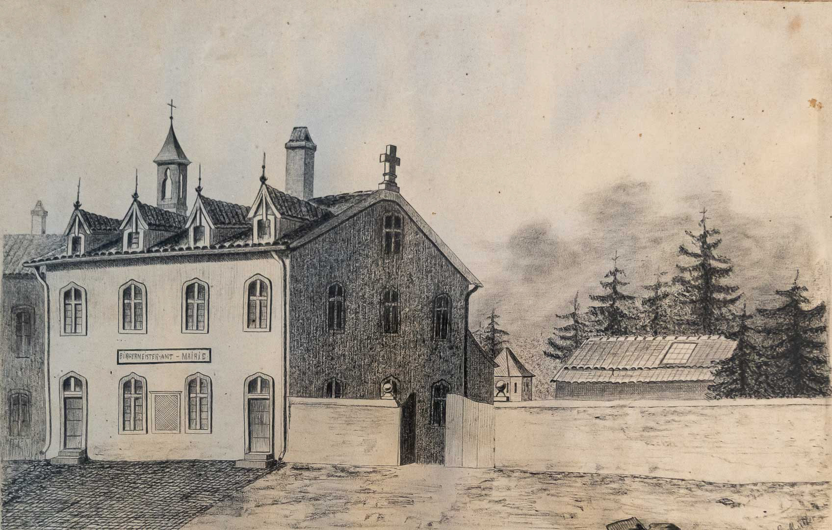 Ce dessin au crayon datant du XIXe représente l’ancienne mairie de Pange avec l’inscription en allemand et en français « Bürgermeister-Amt – Mairie ».