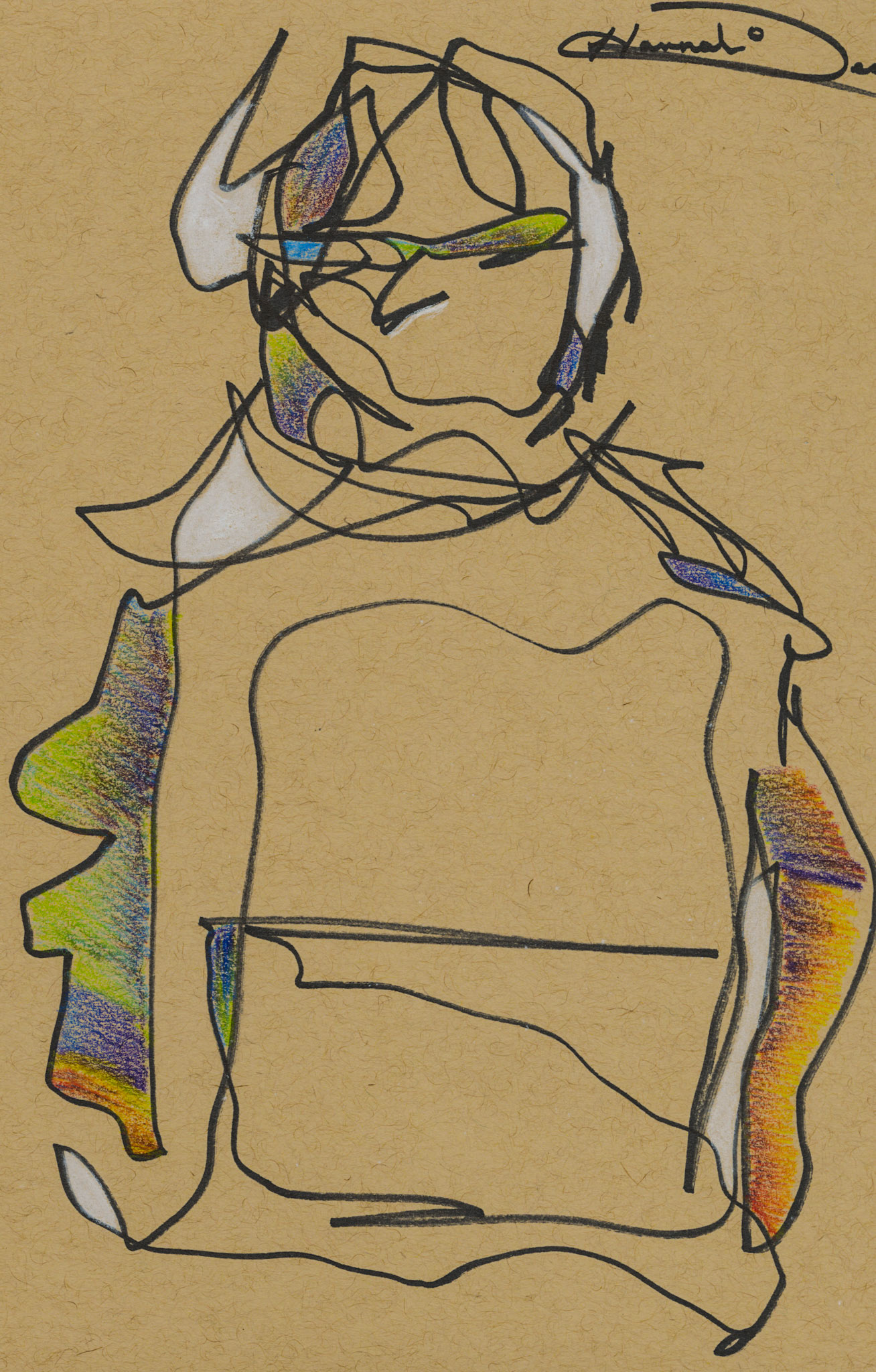 gesture series, colored pencil and white charcoal pencil on toned tan paper, 2025