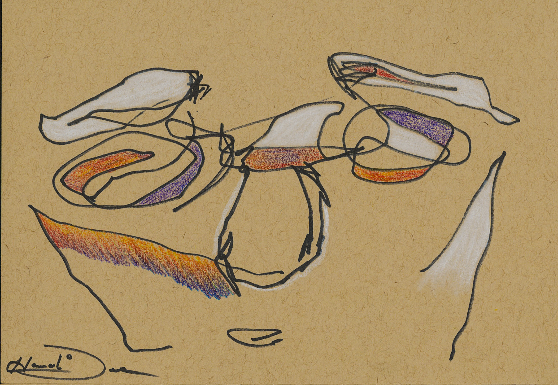 gesture series, colored pencil and white charcoal pencil on toned tan paper, 2025