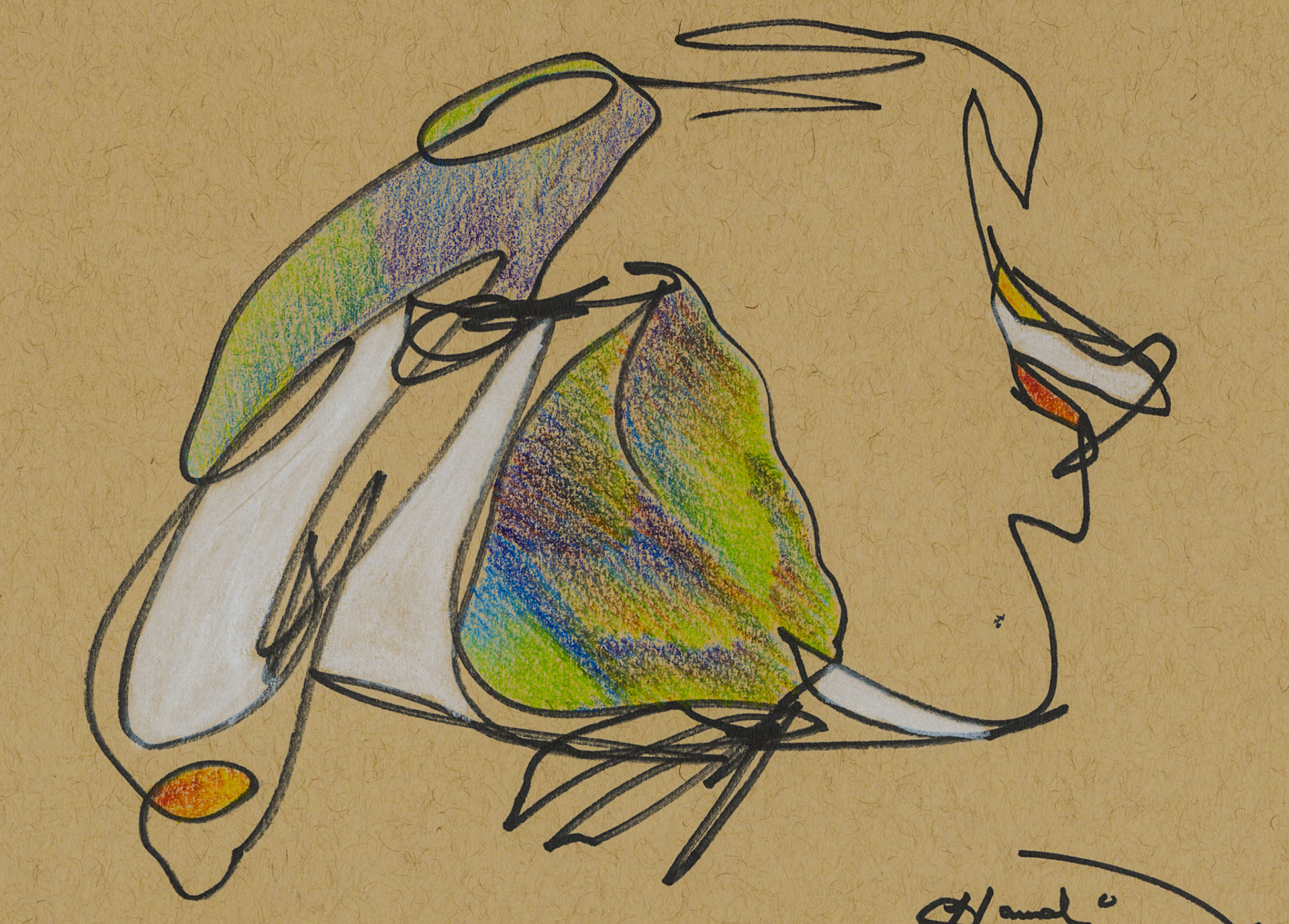 gesture series, colored pencil and white charcoal pencil on toned tan paper, 2025