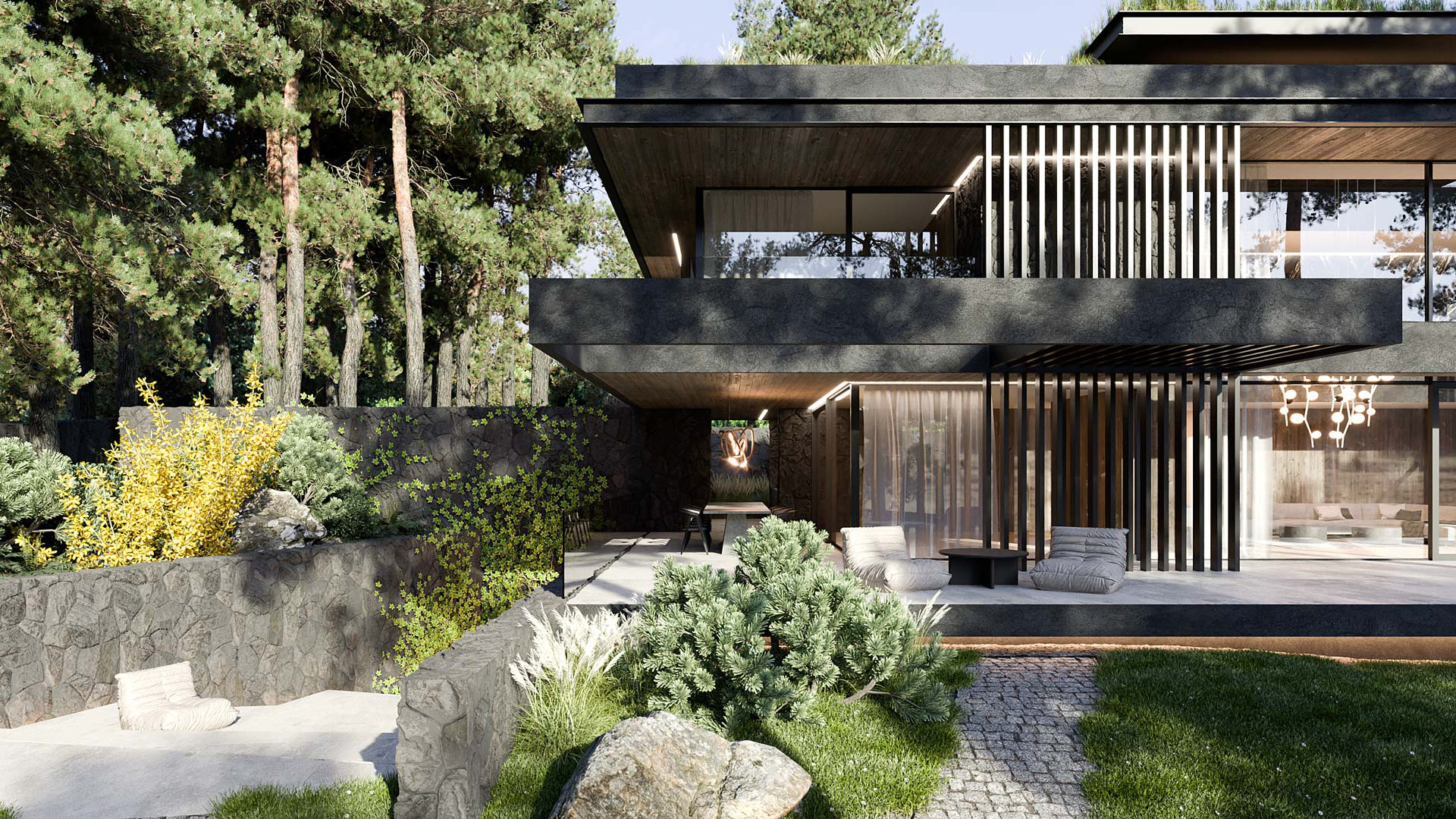 Vizualizace exteriéru moderního domu. Vizualizace Tomáš Firla firlavisual, návrh defakto architekti